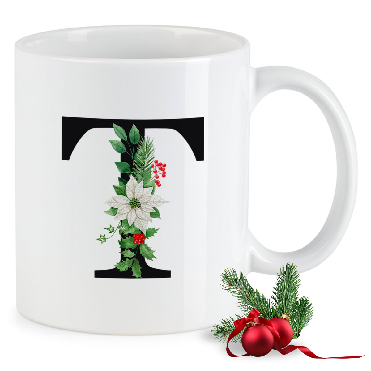 Weißer Becher mit floralem Buchstaben "T" und Weihnachtsmotiven.