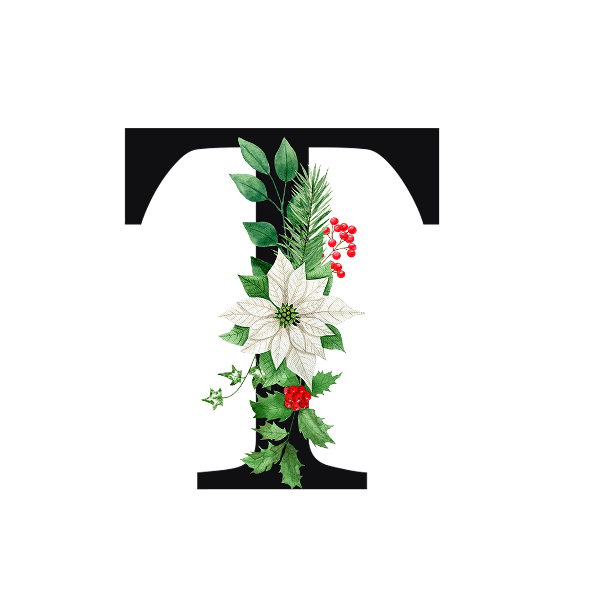 Schwarzes "T" mit Weihnachtsblumen und grünen Blättern.