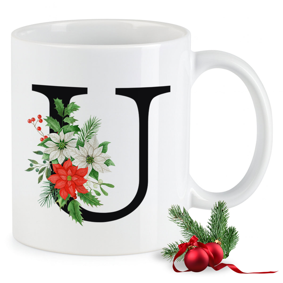 Weißer Becher mit floralem Weihnachtsdesign und Buchstaben U.