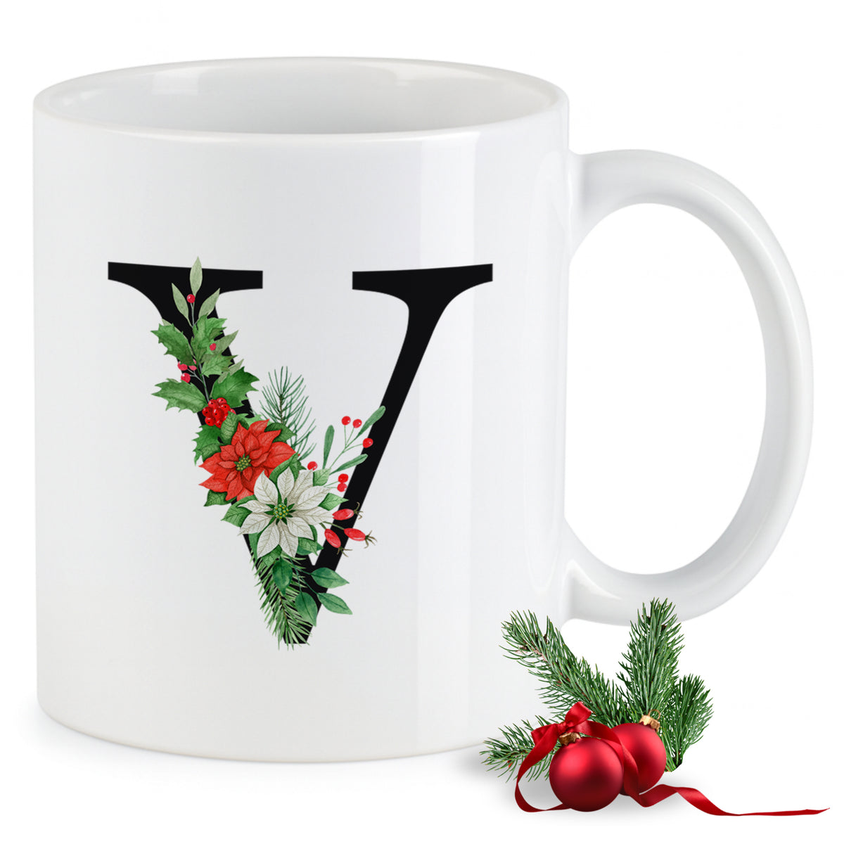 Weiße Tasse mit floralem Buchstaben V in Rot und Grün.