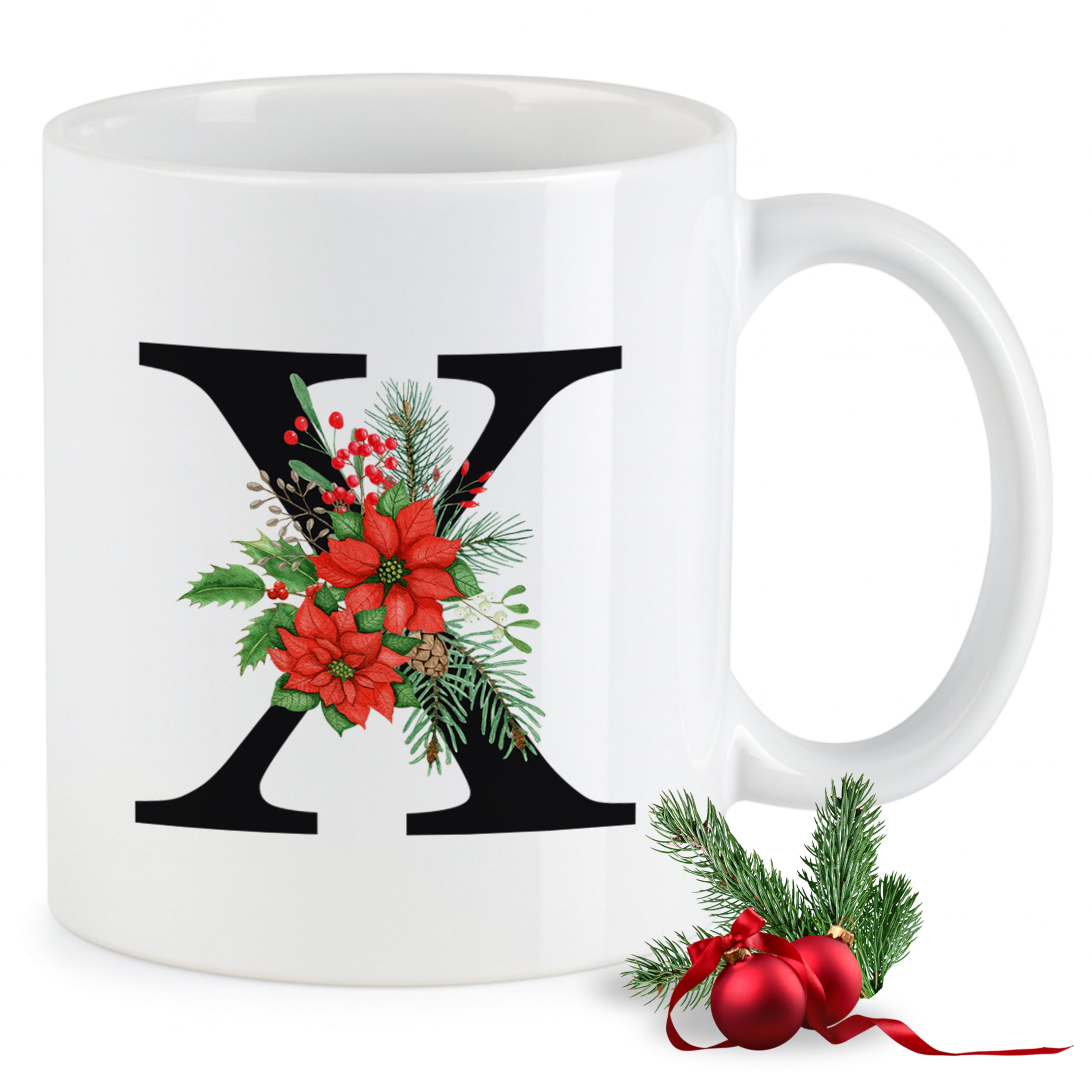 Weißer Kaffeebecher mit rotem Weihnachtsmotiv und schwarzem X.