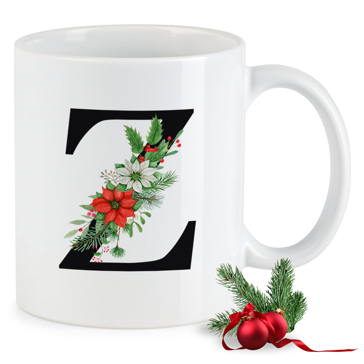 Weißer Becher mit floralem Z, Weihnachtsmotiven.