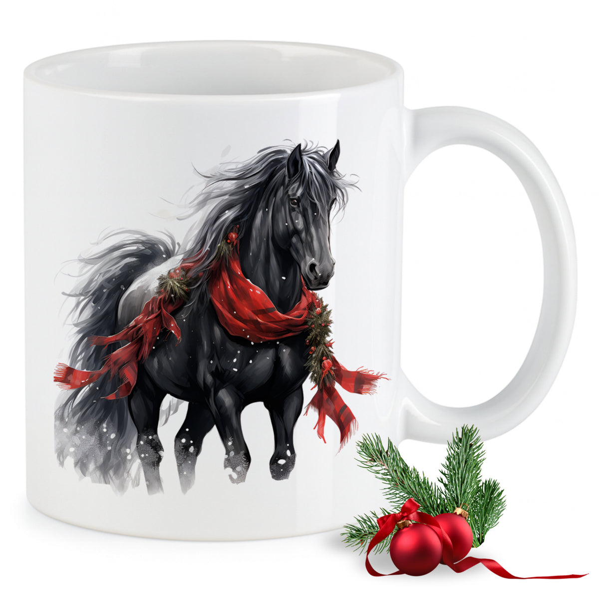 Schwarze Tasse mit Pferdemotiv und rotem Schal.
