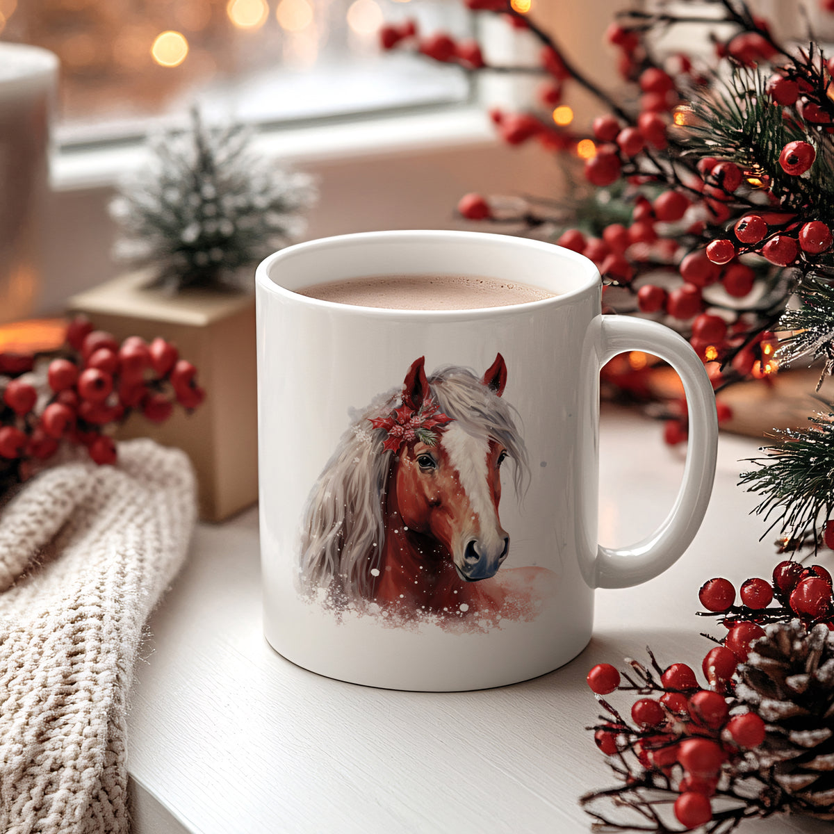 Weiße Tasse mit Pferdemotiv und rotem Weihnachtskranz.