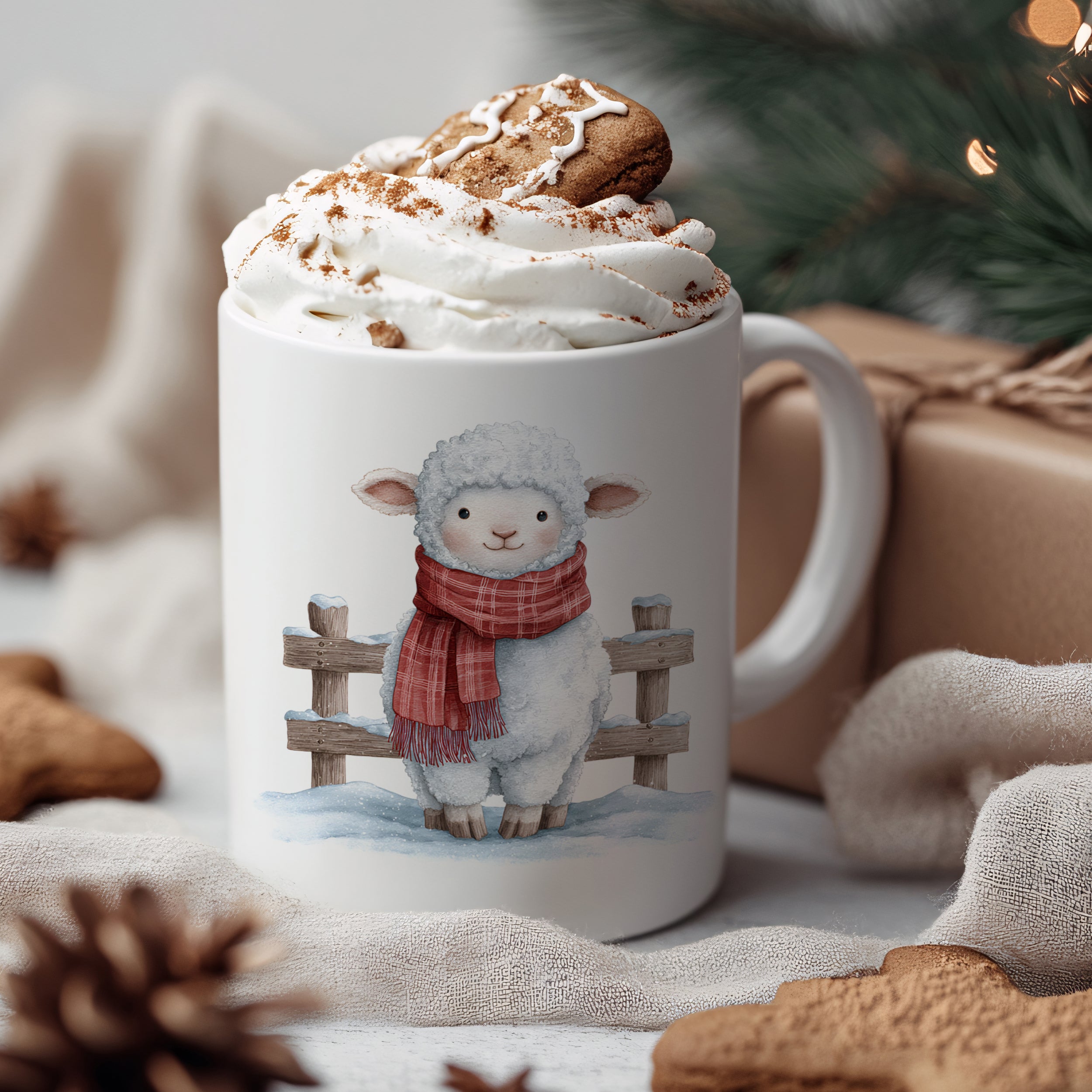 Tasse mit Schaf-Motiv, rotem Schal und Sahnehaube.