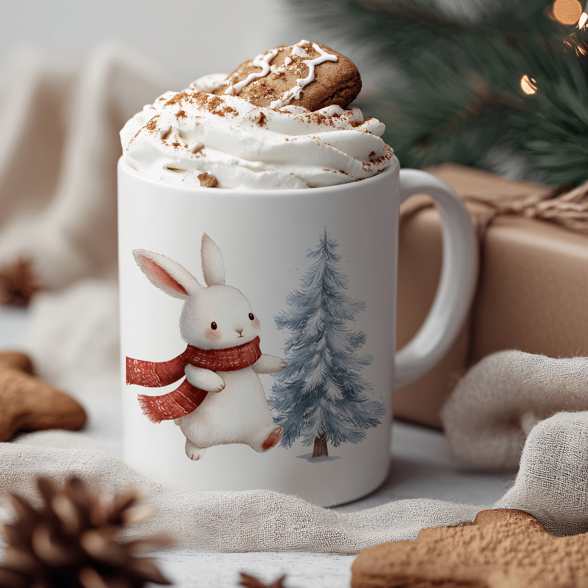 Tasse mit niedlichem Hasen und Tannenbaum, weiß.