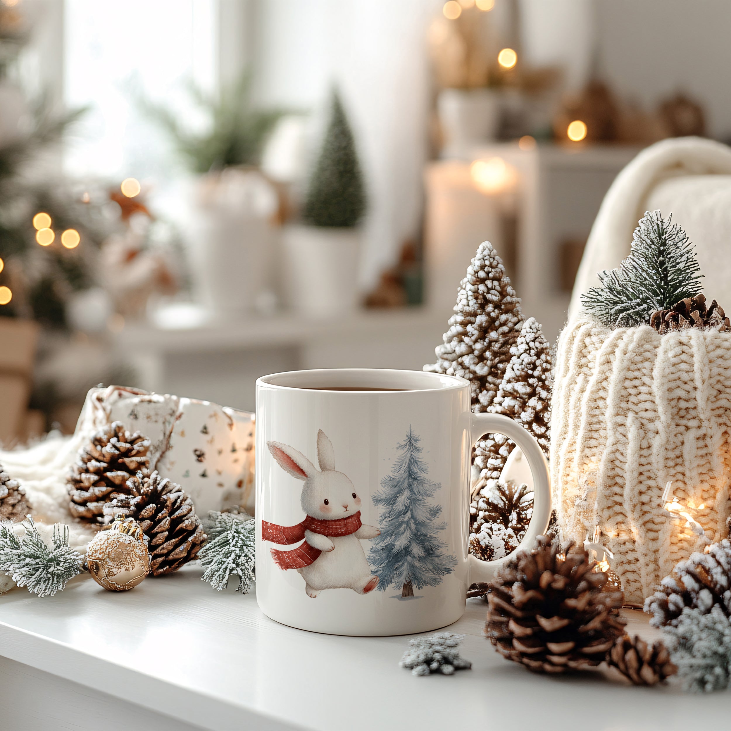 Tasse mit einem Hasen, Tannenbaum und winterlichen Dekorationen.