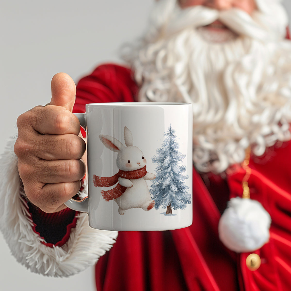 Tasse mit einem Hasen und Tannenbaum, weiß und bunt.