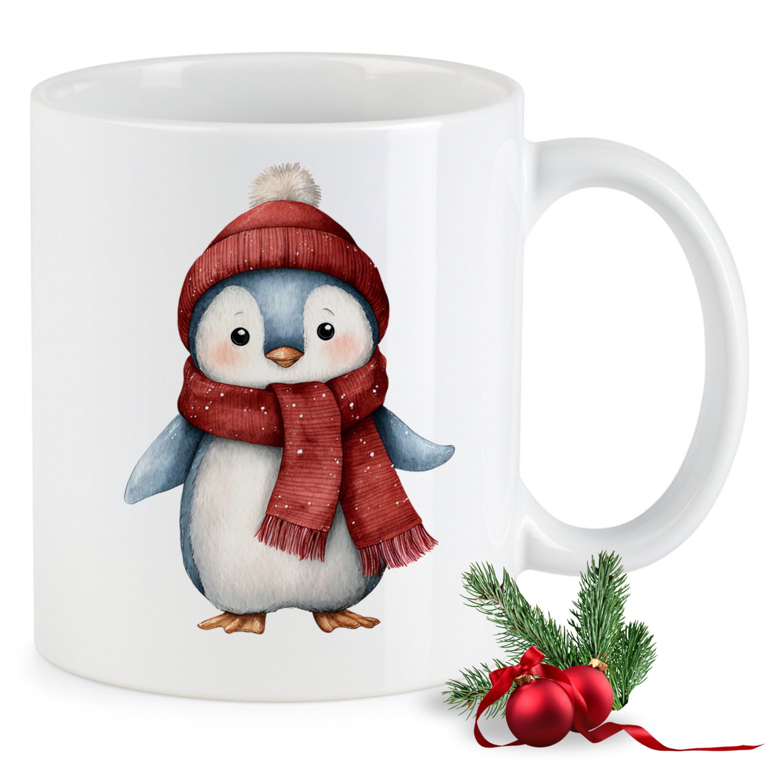 Weißer Becher mit niedlichem Pinguin in rotem Schal.