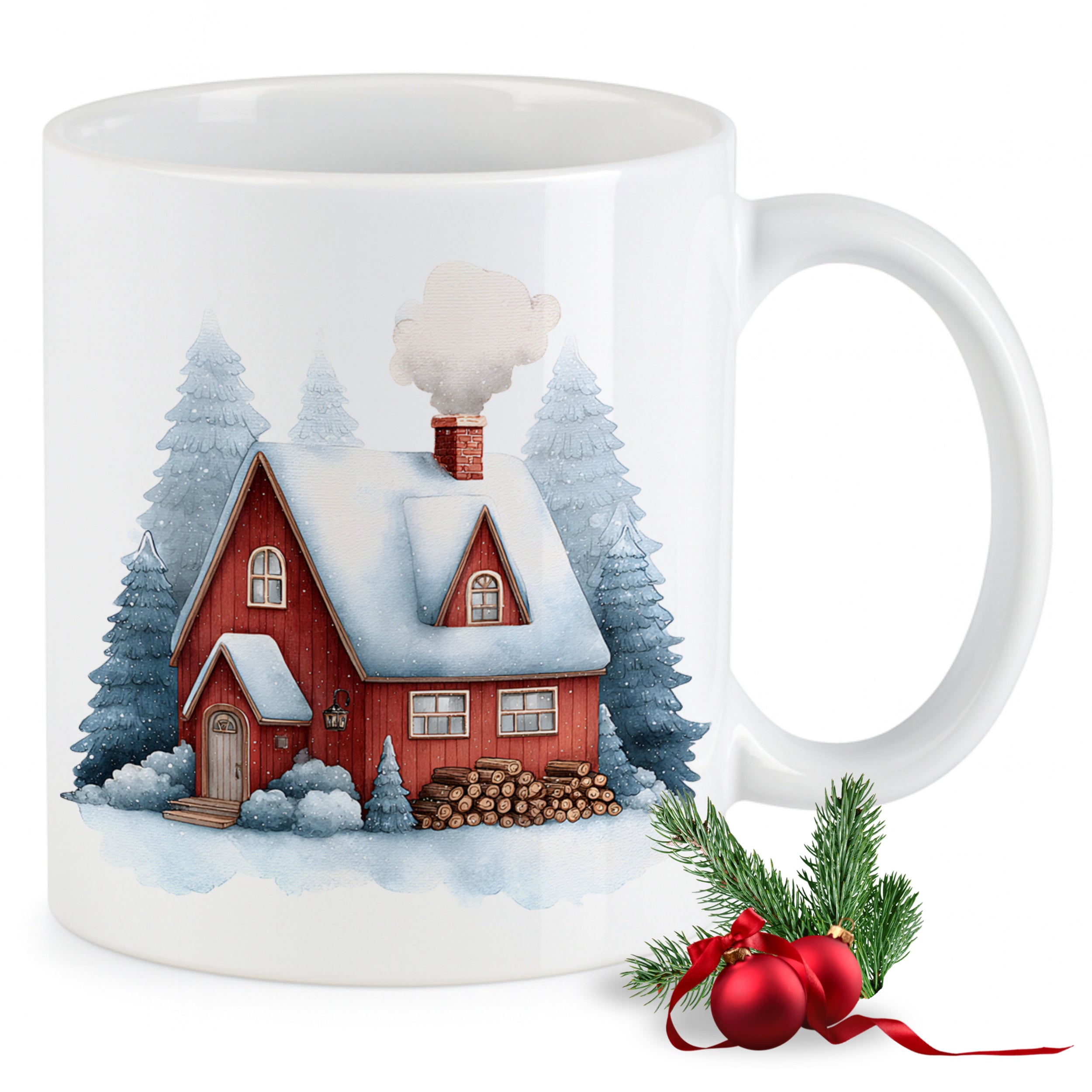 Weißer Becher mit rotem Winterhaus und Tannenbäumen.
