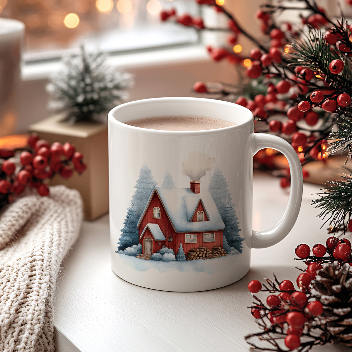 Tasse mit rotem Haus und schneebedeckten Bäumen.