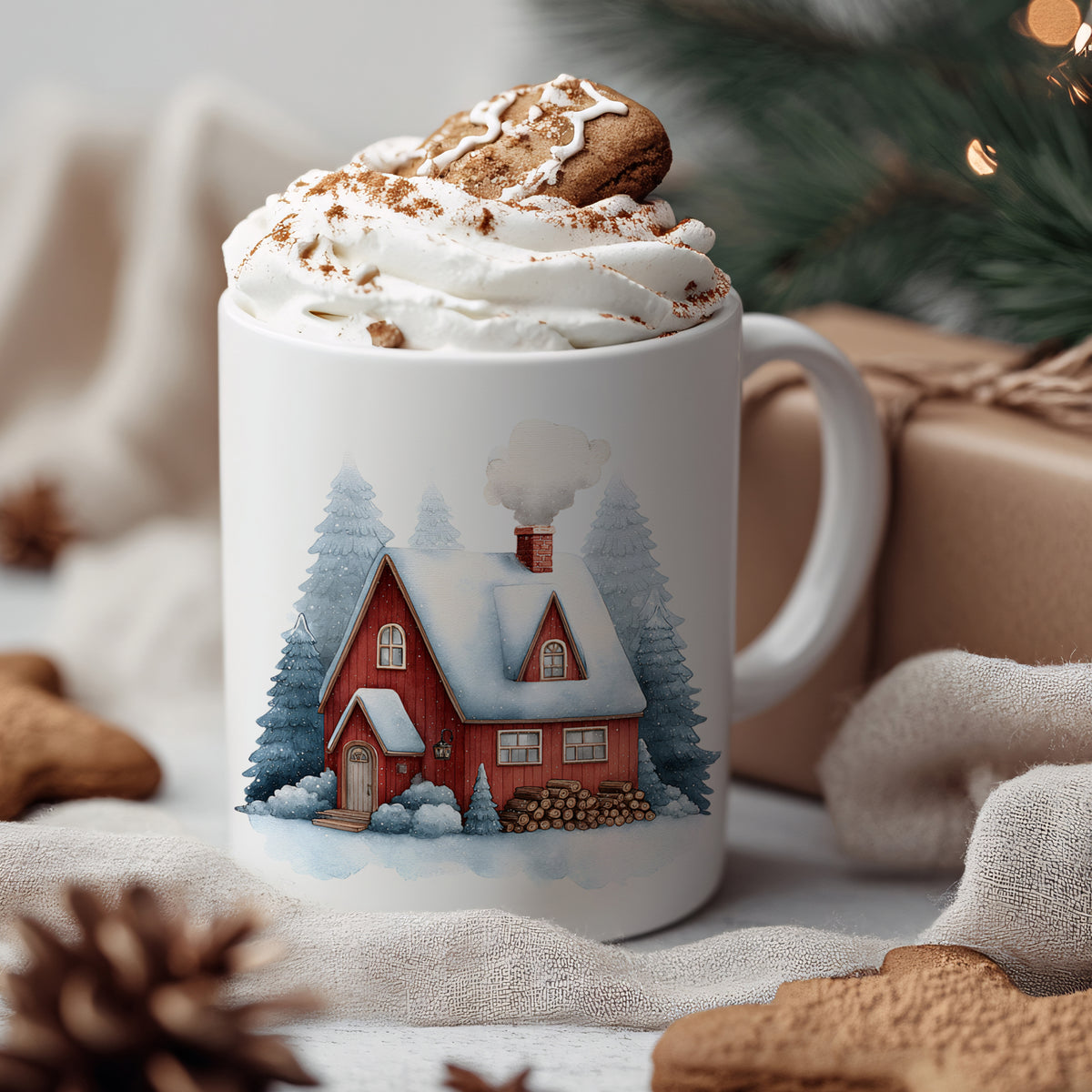 Weiße Tasse mit rotem Haus und Schnee, dekoriert mit Sahne.