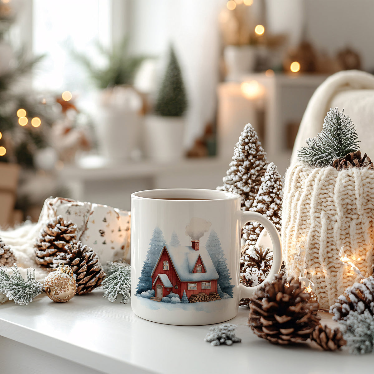 Weißer Becher mit rotem Winterhaus-Motiv, umgeben von Tannenzapfen.