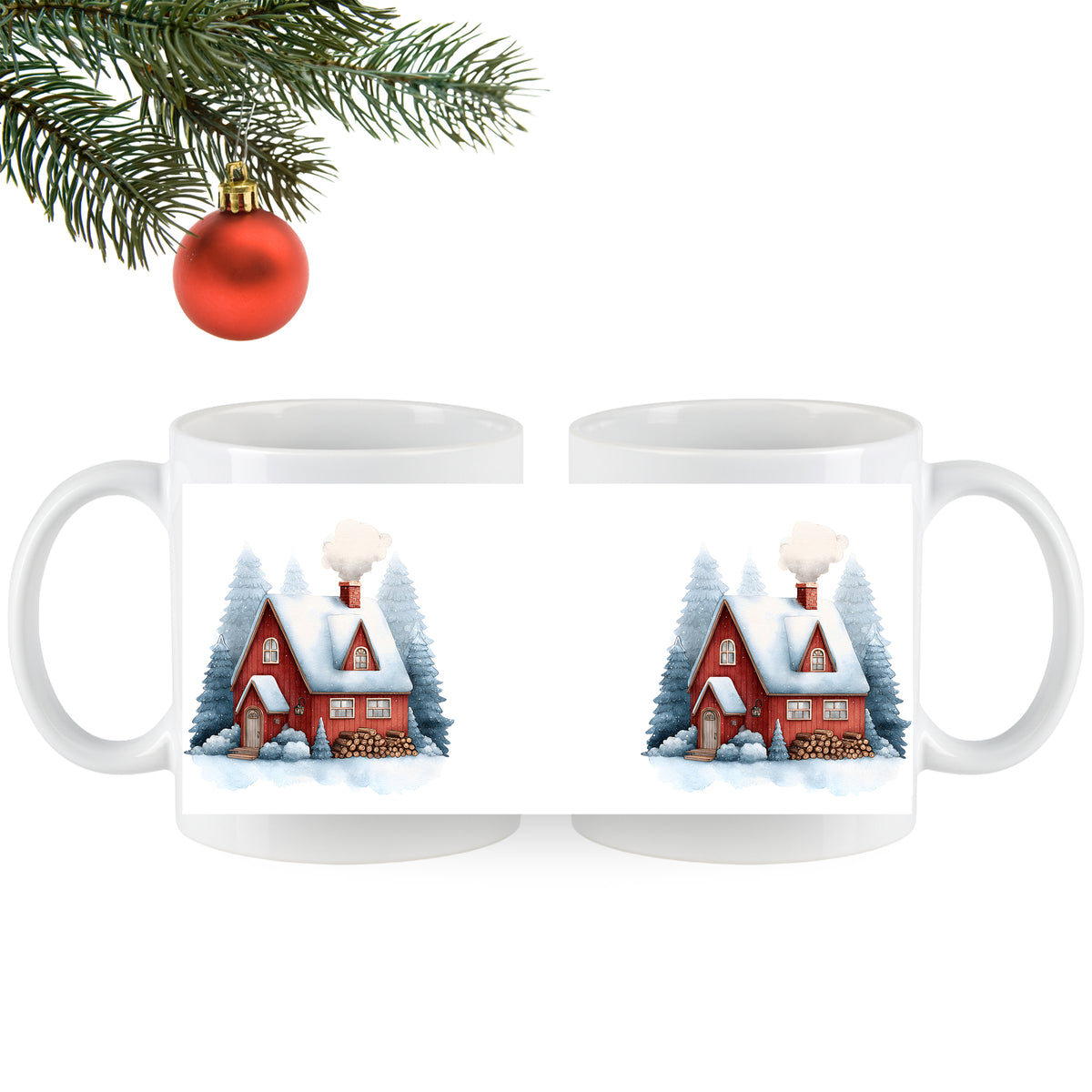 Weißer Becher mit rotem Haus im Schnee.