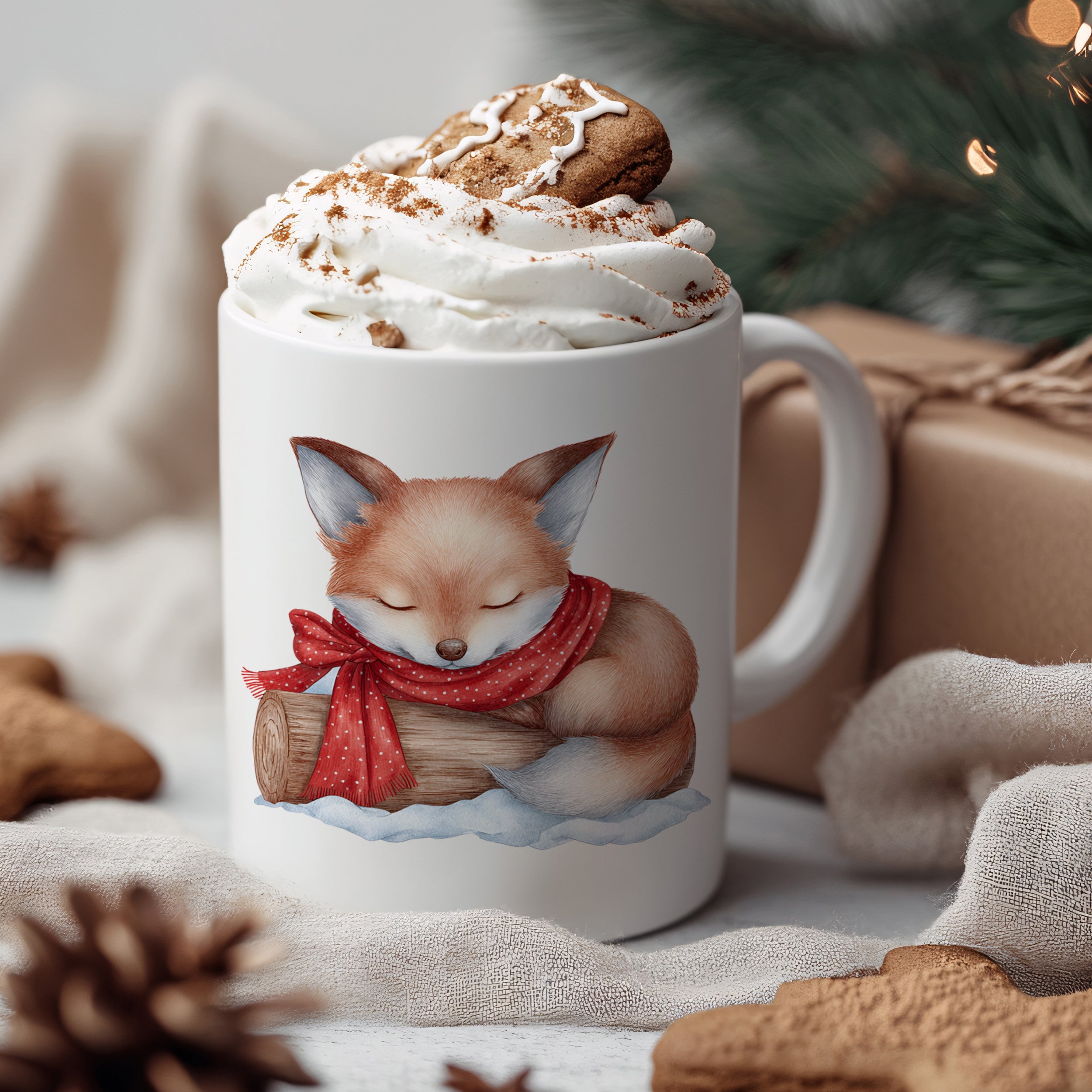 Kaffeetasse mit schlafendem Fuchs und rotem Schal.