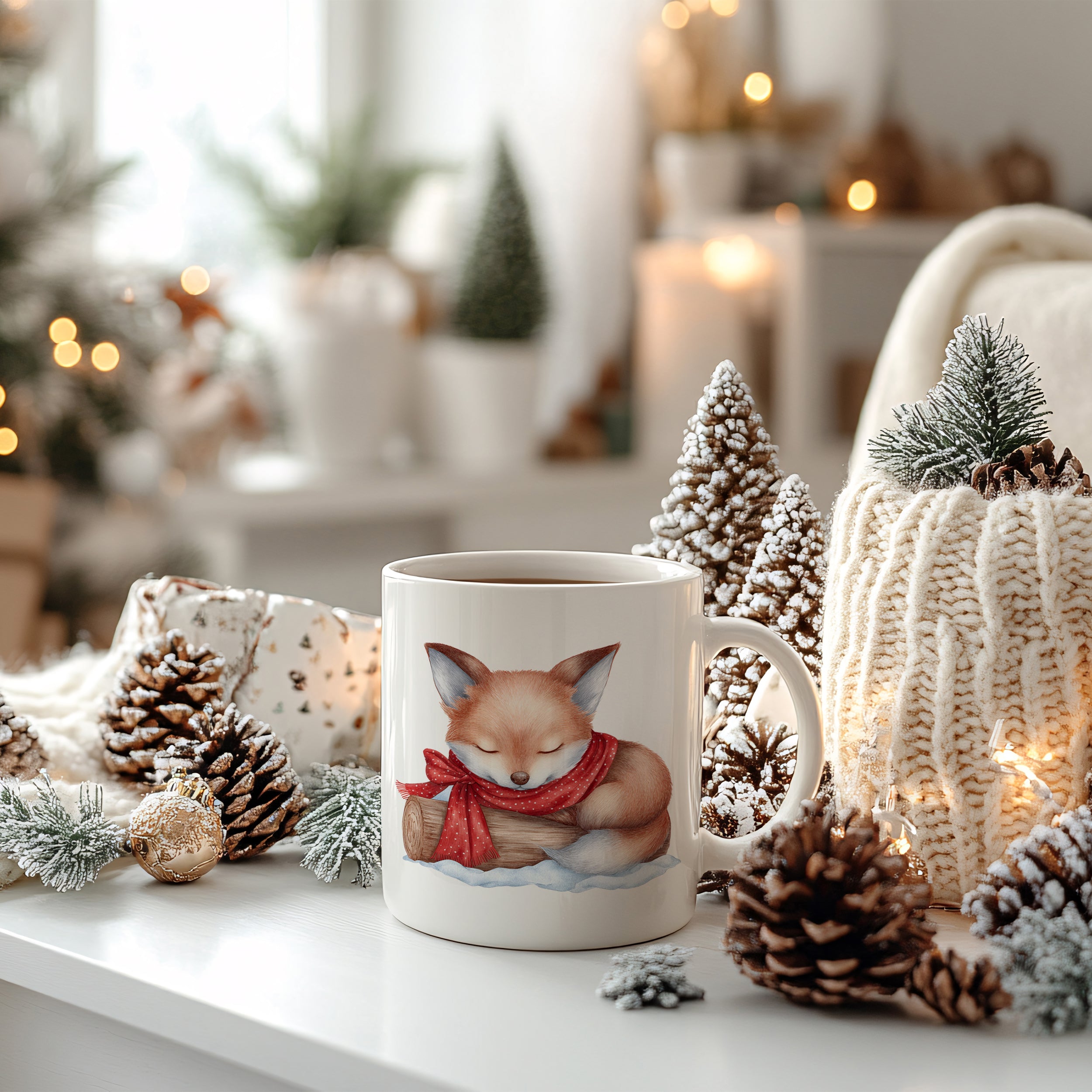 Tasse mit schlafendem Fuchs und rotem Schal, winterliche Dekoration.