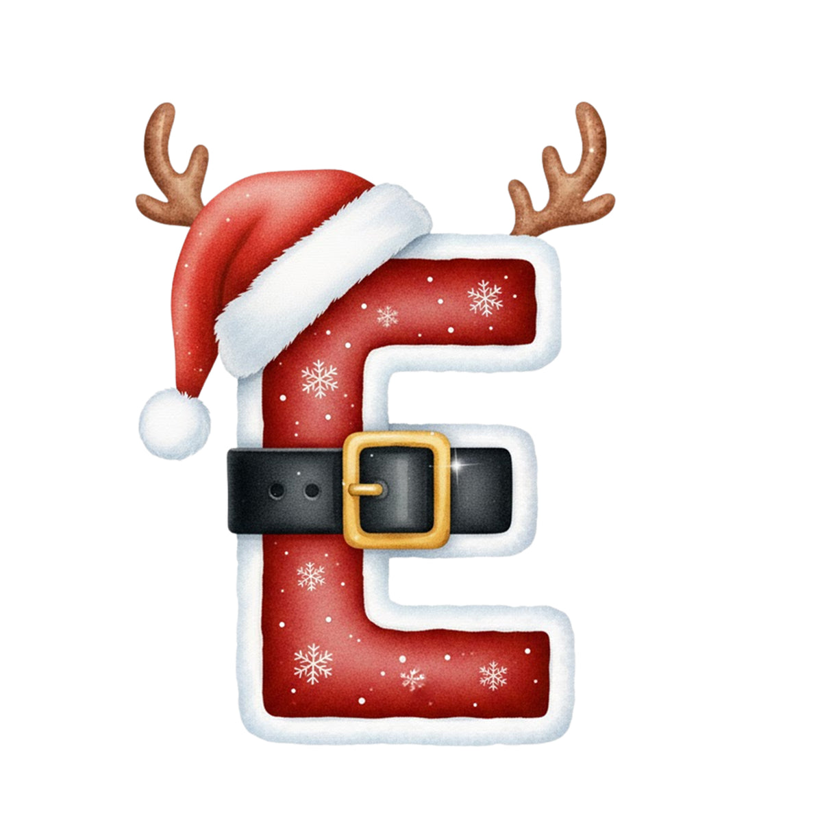 Rotes Weihnachtsbuchstabe "E" mit Weihnachtsmütze und Geweih.