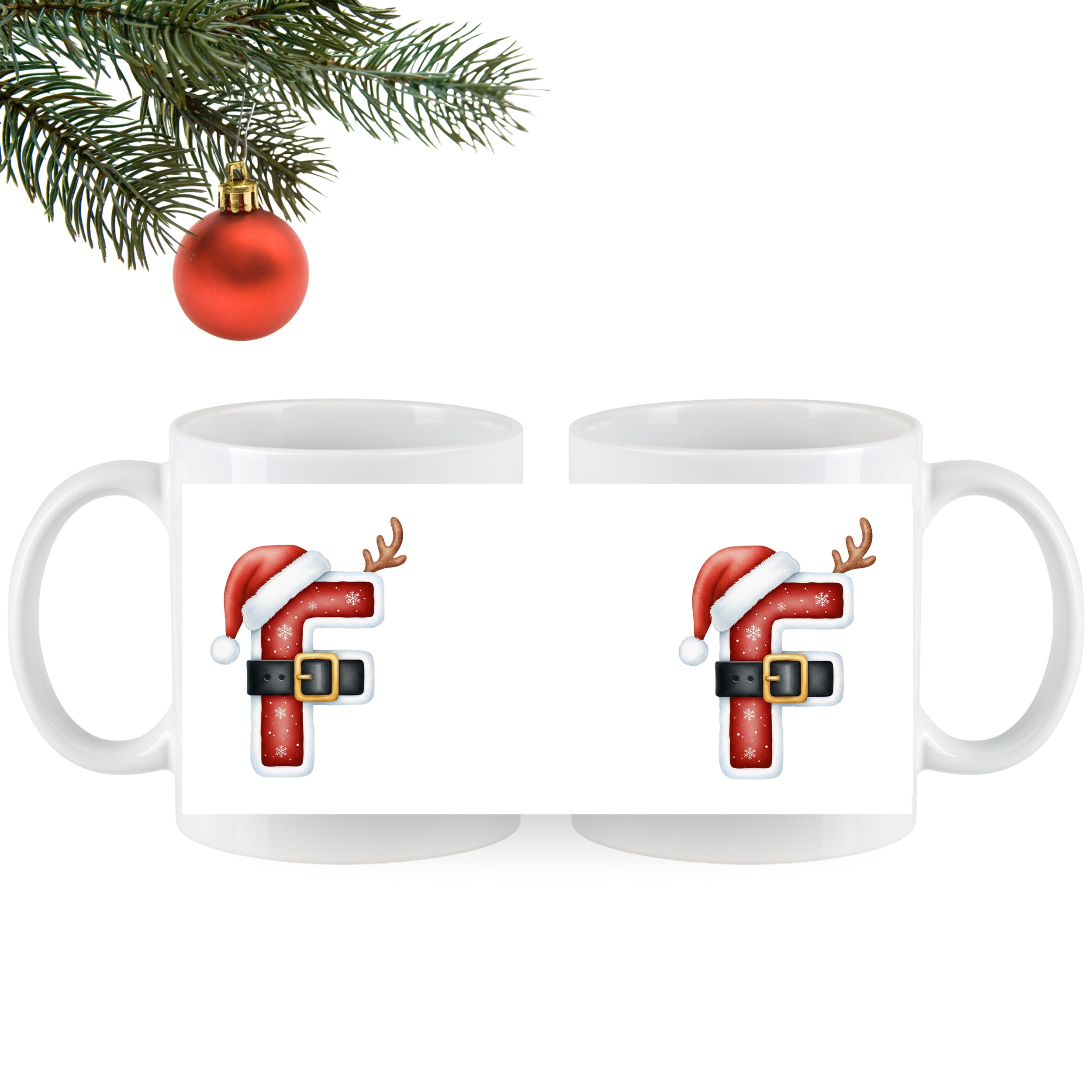 Weiße Tassen mit festlichem Weihnachtsdesign und roten Akzenten.