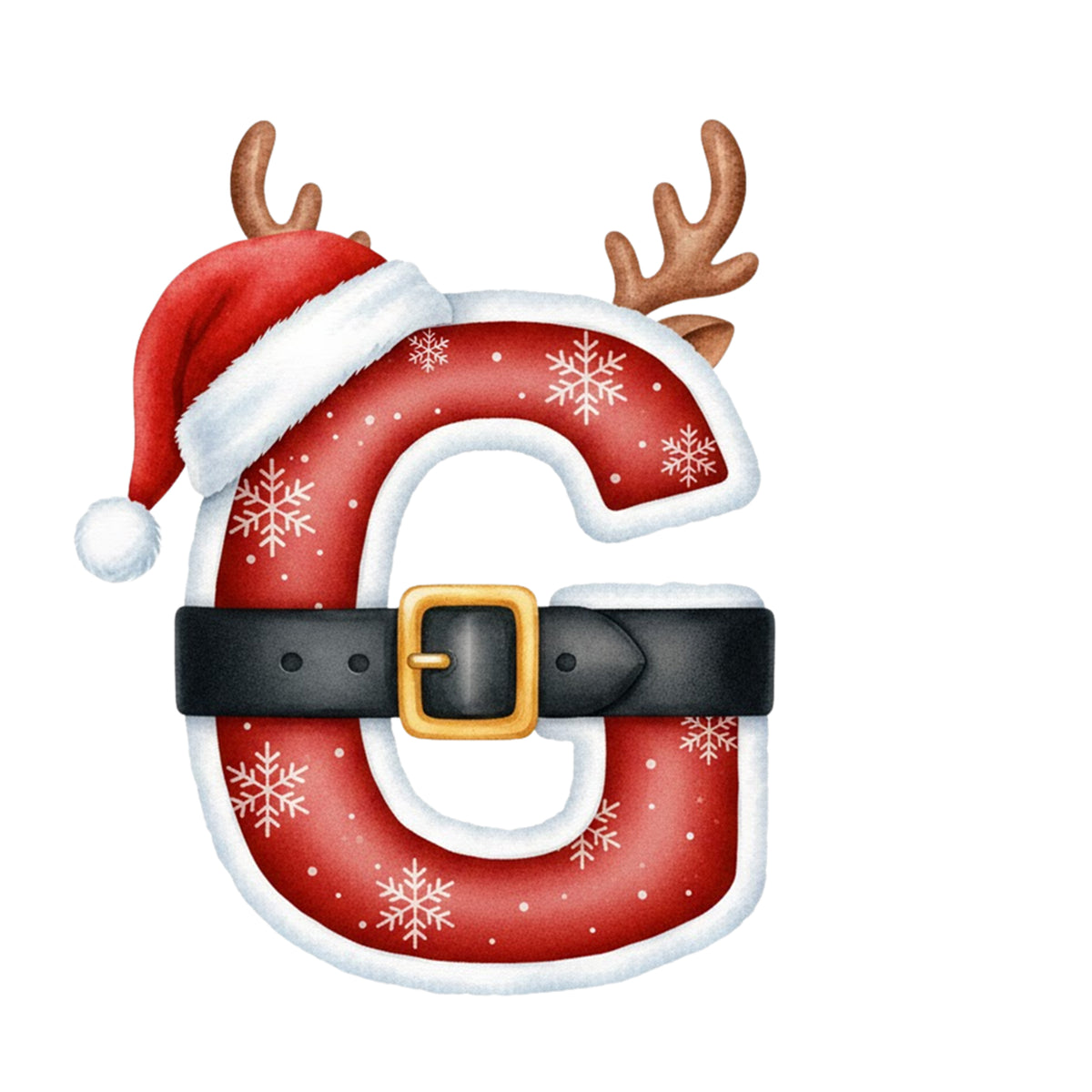 Rote Weihnachtsbuchstabe "G" mit Schnee und Rentiergeweih.
