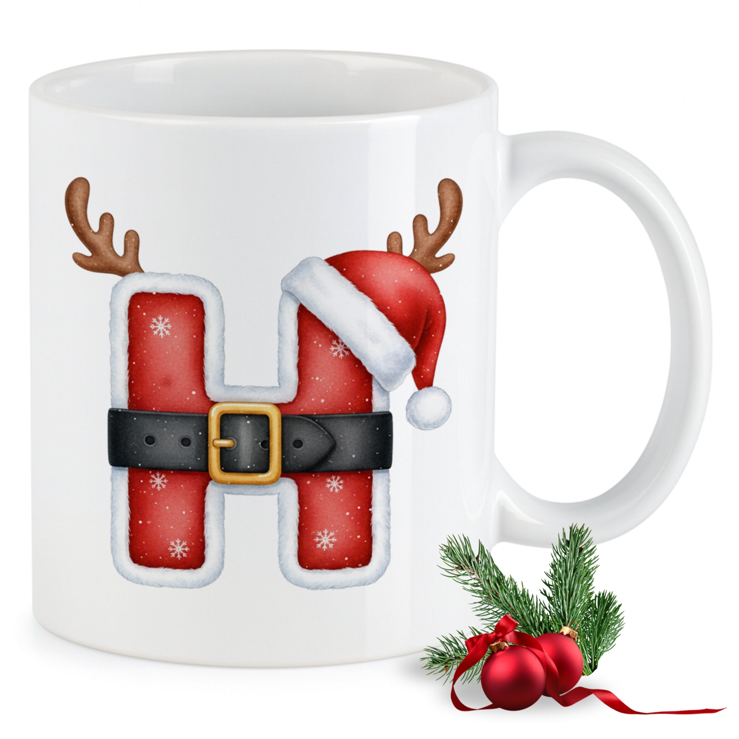 Weißer Becher mit rotem Weihnachtsdesign und Buchstaben H.