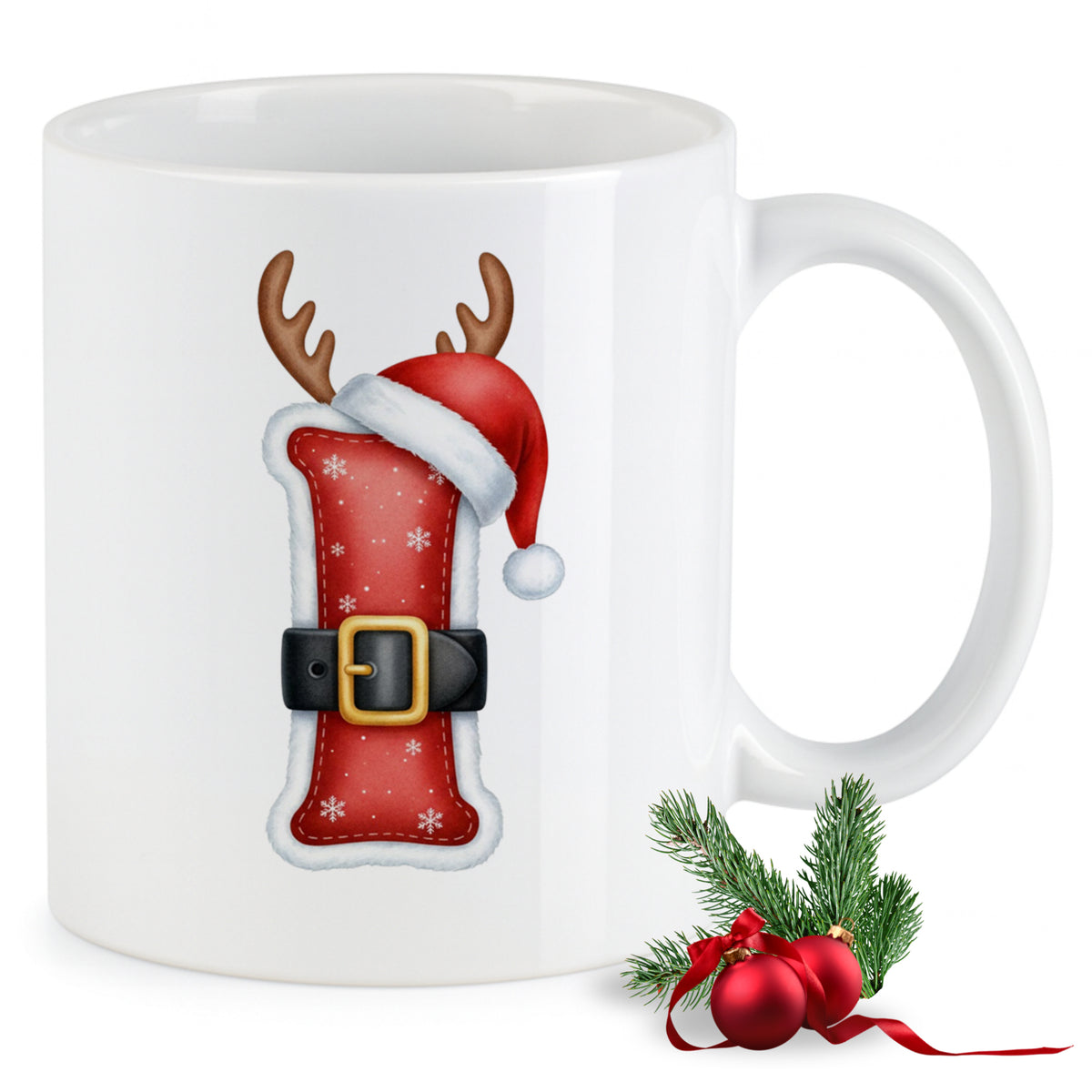 Weißer Becher mit Weihnachtsmann-Motiv und roten Details.