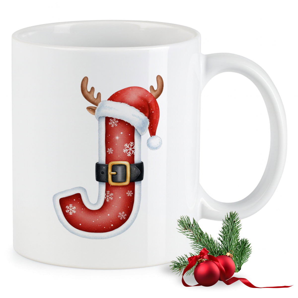 Weißer Becher mit rotem, weihnachtlichem J und Rentiergeweih.
