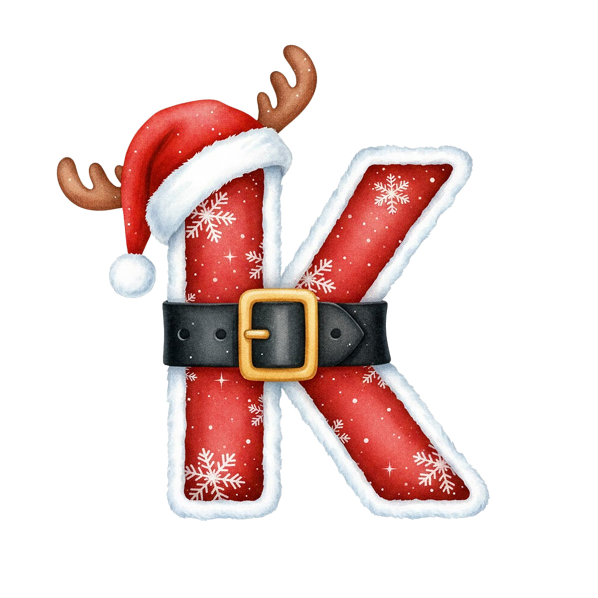 Rotes Weihnachts-K mit Schneeflocken, Mütze und Geweih.