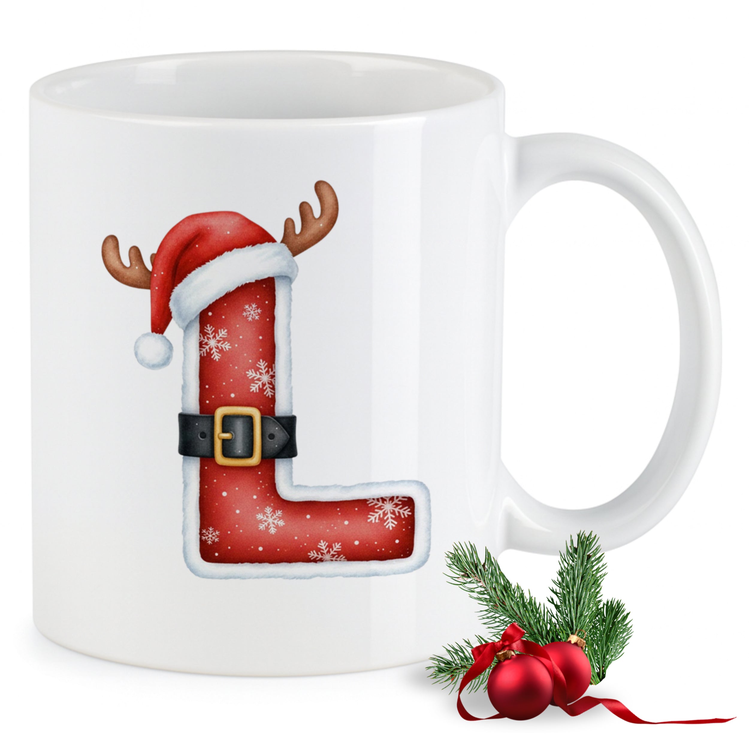 Weißer Becher mit rotem Weihnachtsbuchstaben L und Rentiergeweih.