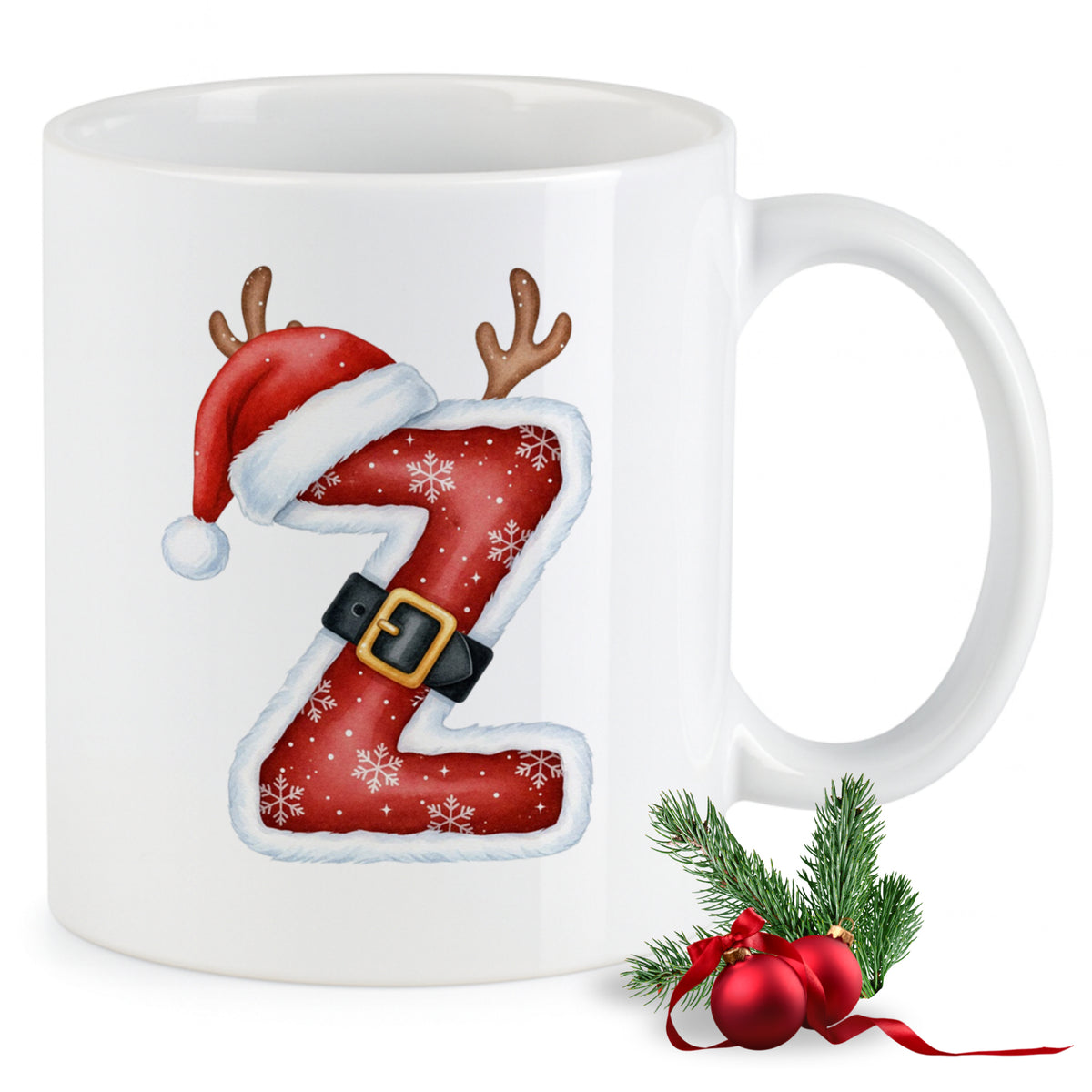 Weißer Becher mit rotem Weihnachtsbuchstaben Z und Weihnachtsmütze.