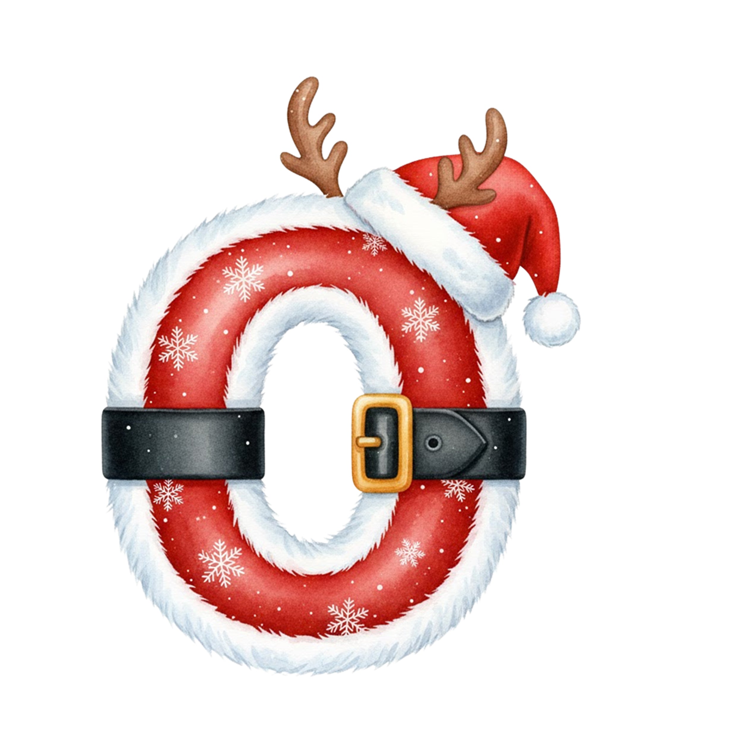 Runder Weihnachtskranz in Rot mit Schnee und Hut.
