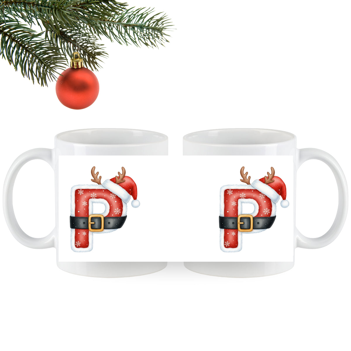 Weihnachtliche Tassen mit rotem "P", Rentiergeweih und Mütze.
