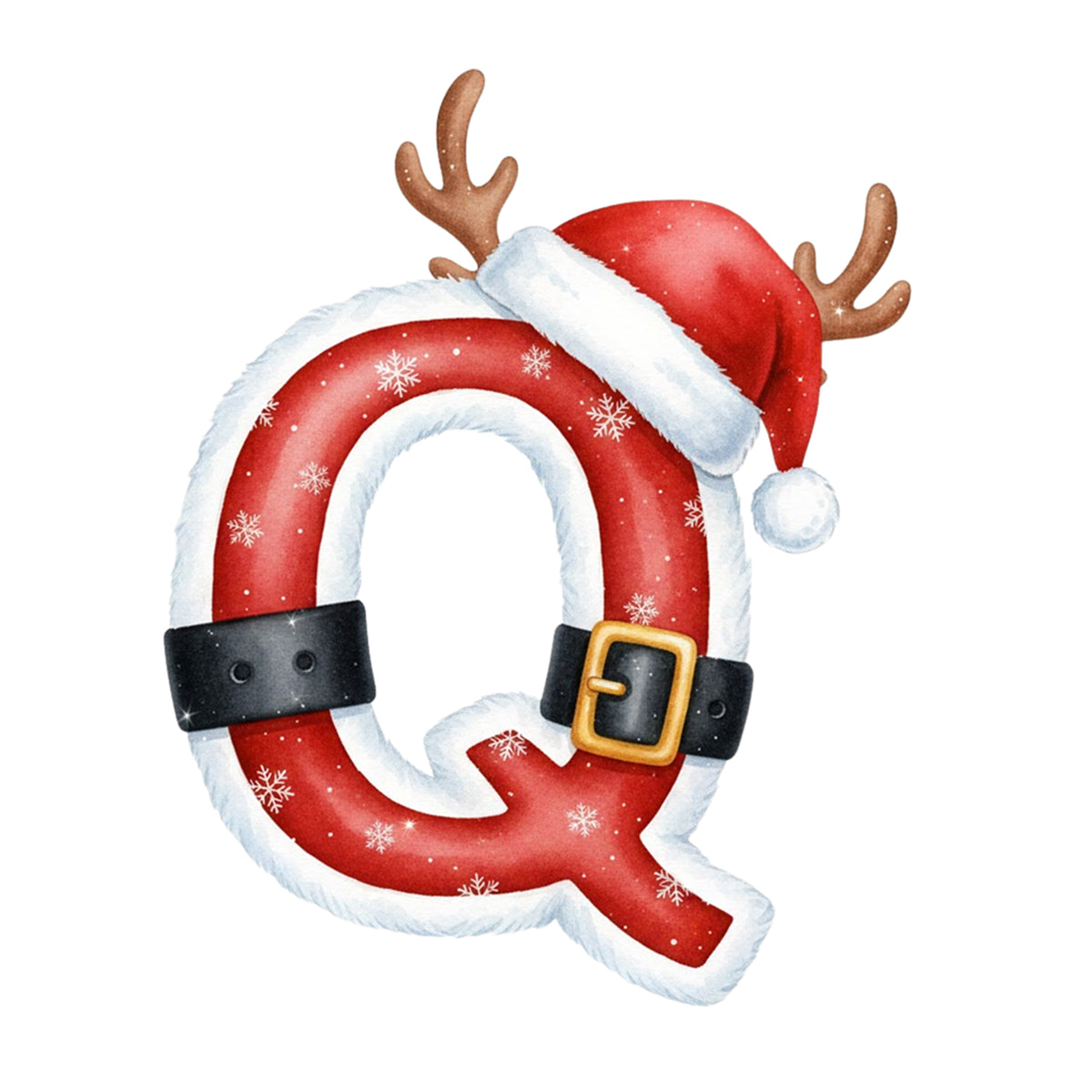 Weihnachtlicher Buchstabe Q in Rot mit Schneeflocken und Rentiergeweih.