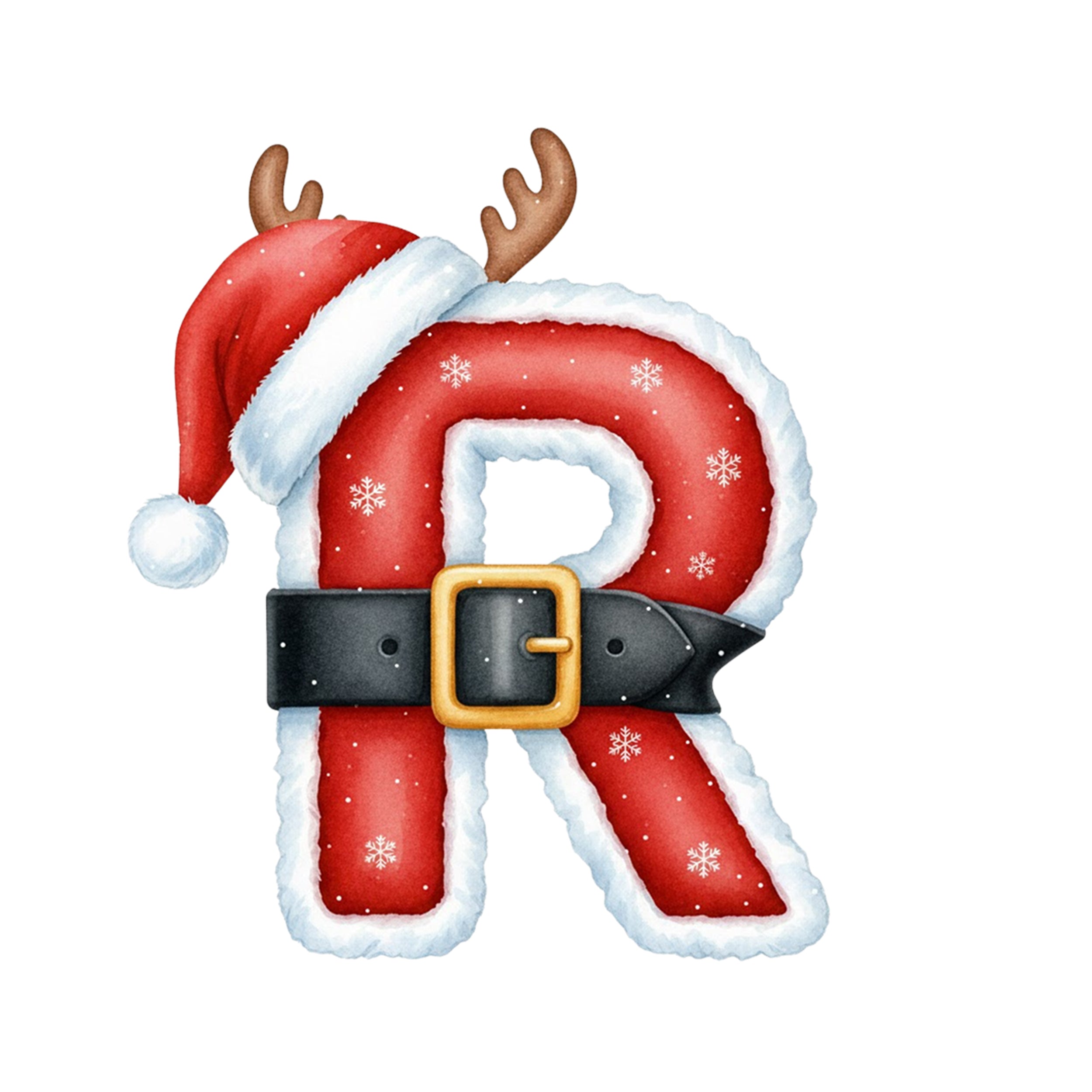 Rote Weihnachtsbuchstabe "R" mit Mütze und Geweih.