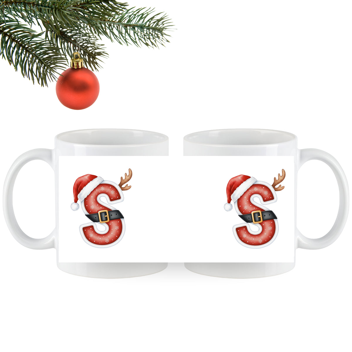 Weiße Tasse mit rotem Weihnachtsmann-Design und Geweih.