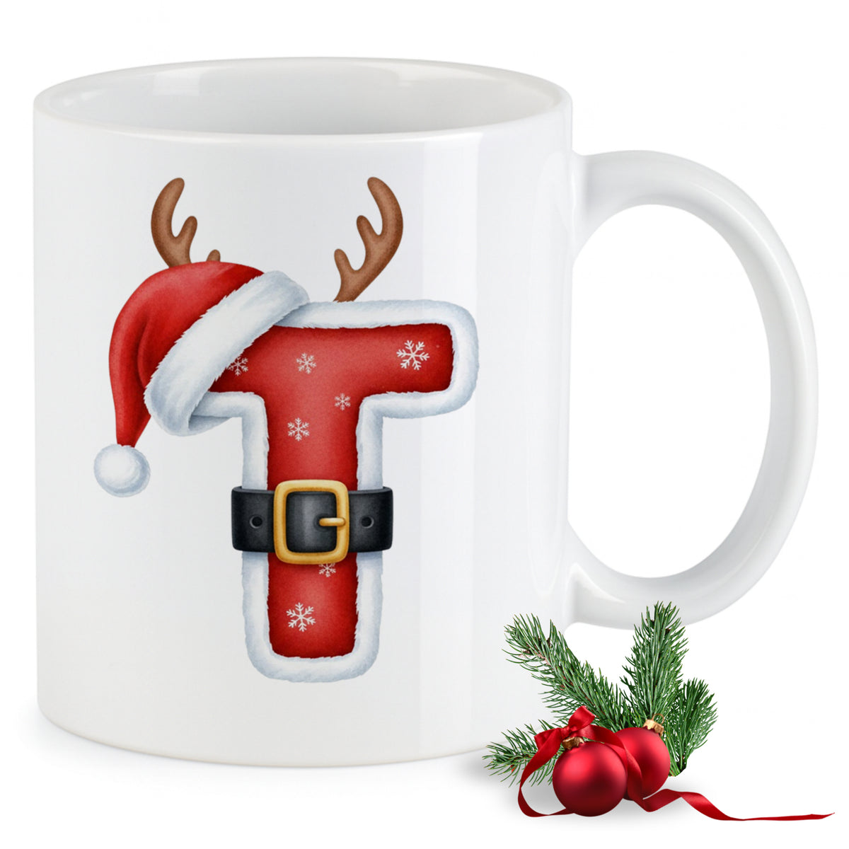 Weißer Weihnachtsbecher mit rotem T, Geweih und Mütze.