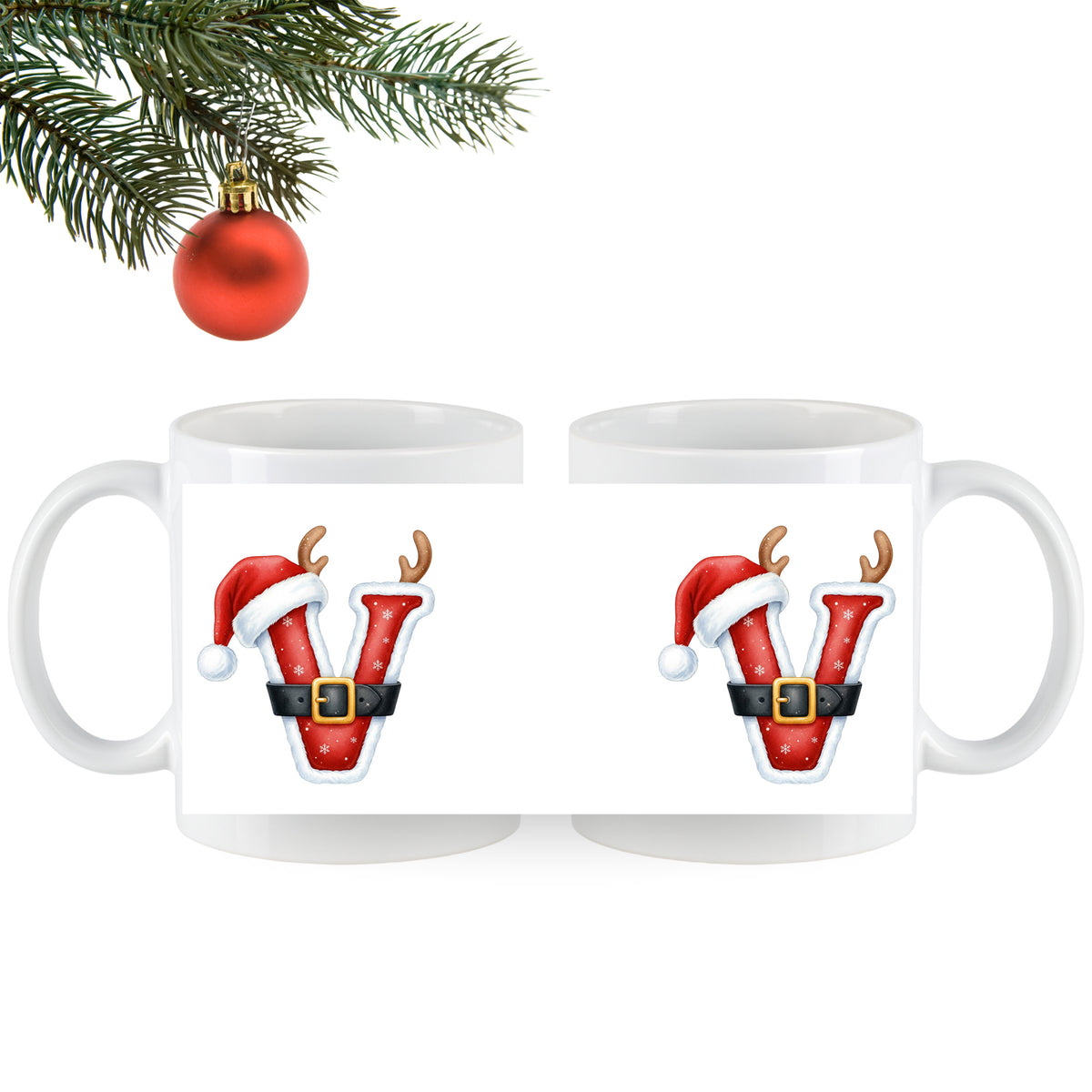 Weihnachtliche Tasse mit rotem "V" und Rentiergeweih.