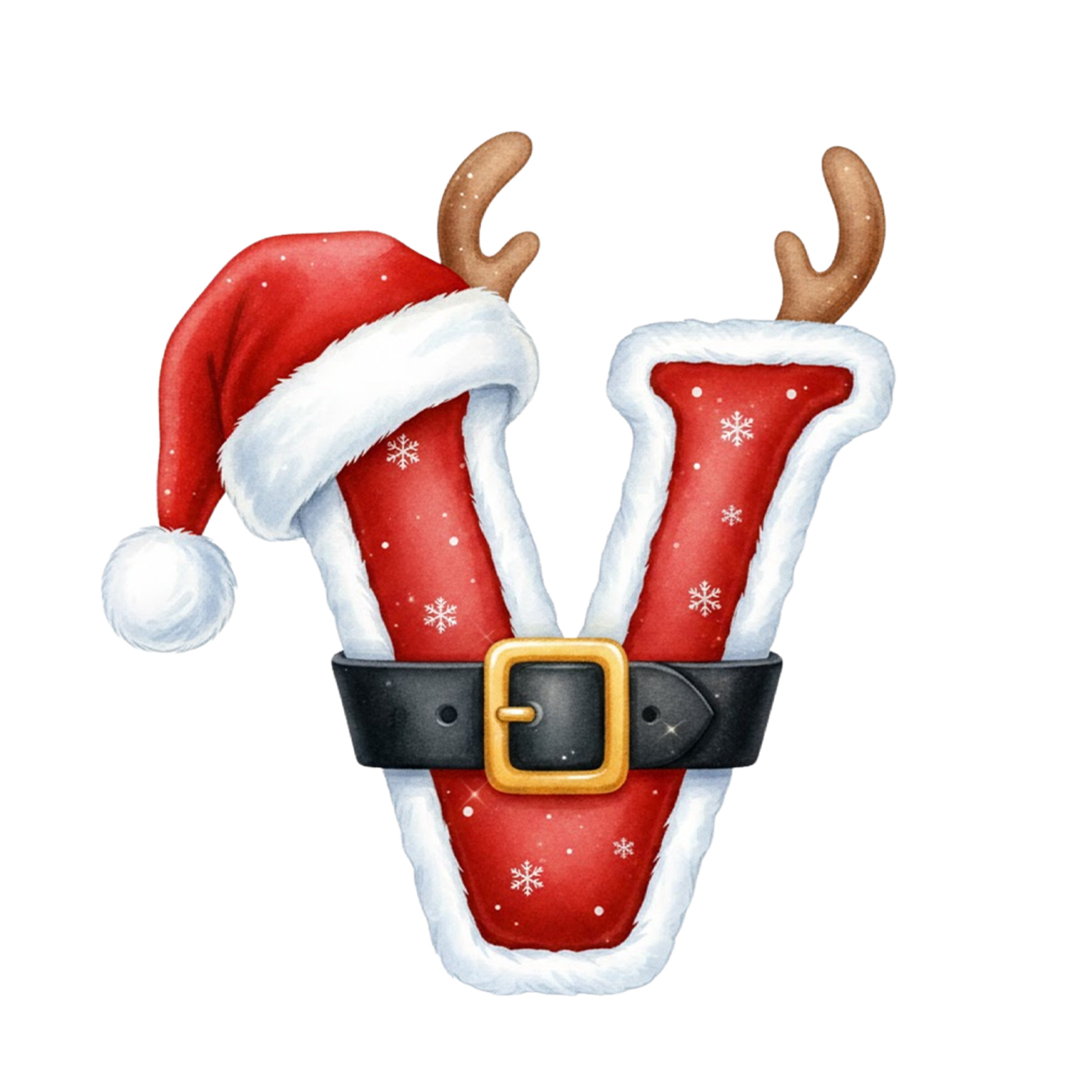 Rote Weihnachtsbuchstabe "V" mit Hut und Geweih.