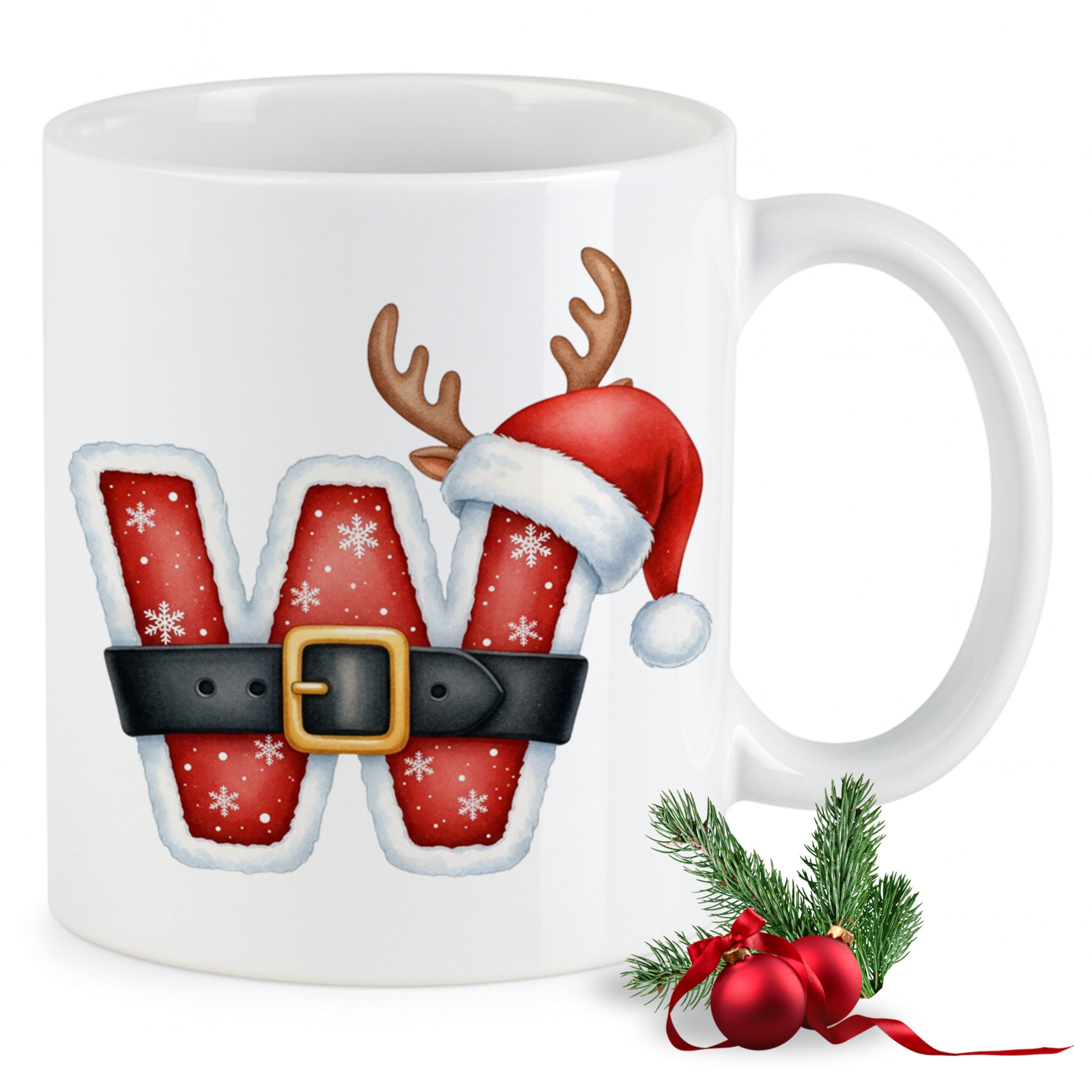 Weihnachtstasse mit rotem W, Rentiergeweih und Mütze.