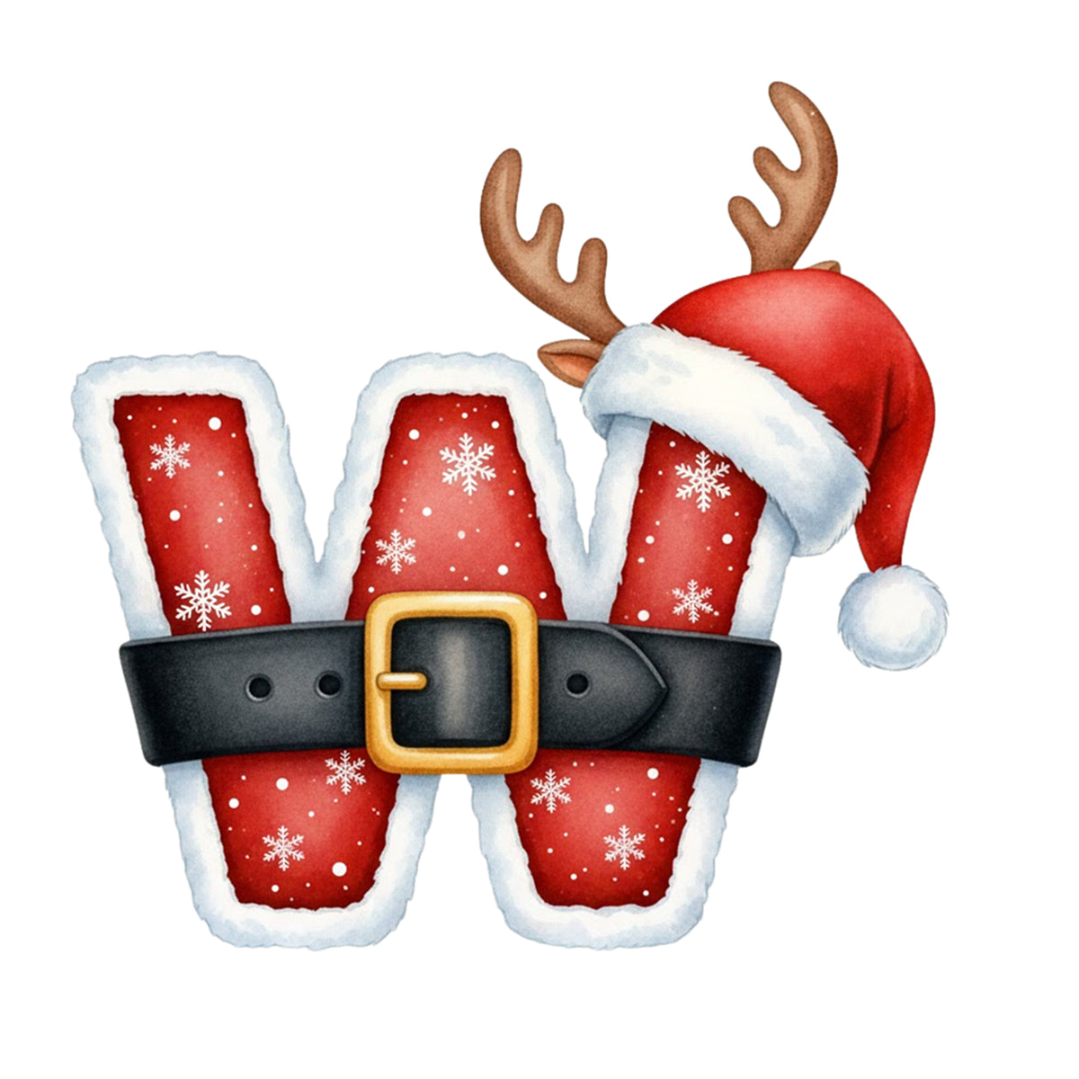 Rotes W mit Weihnachtsmütze, Geweih und Schneeflocken.