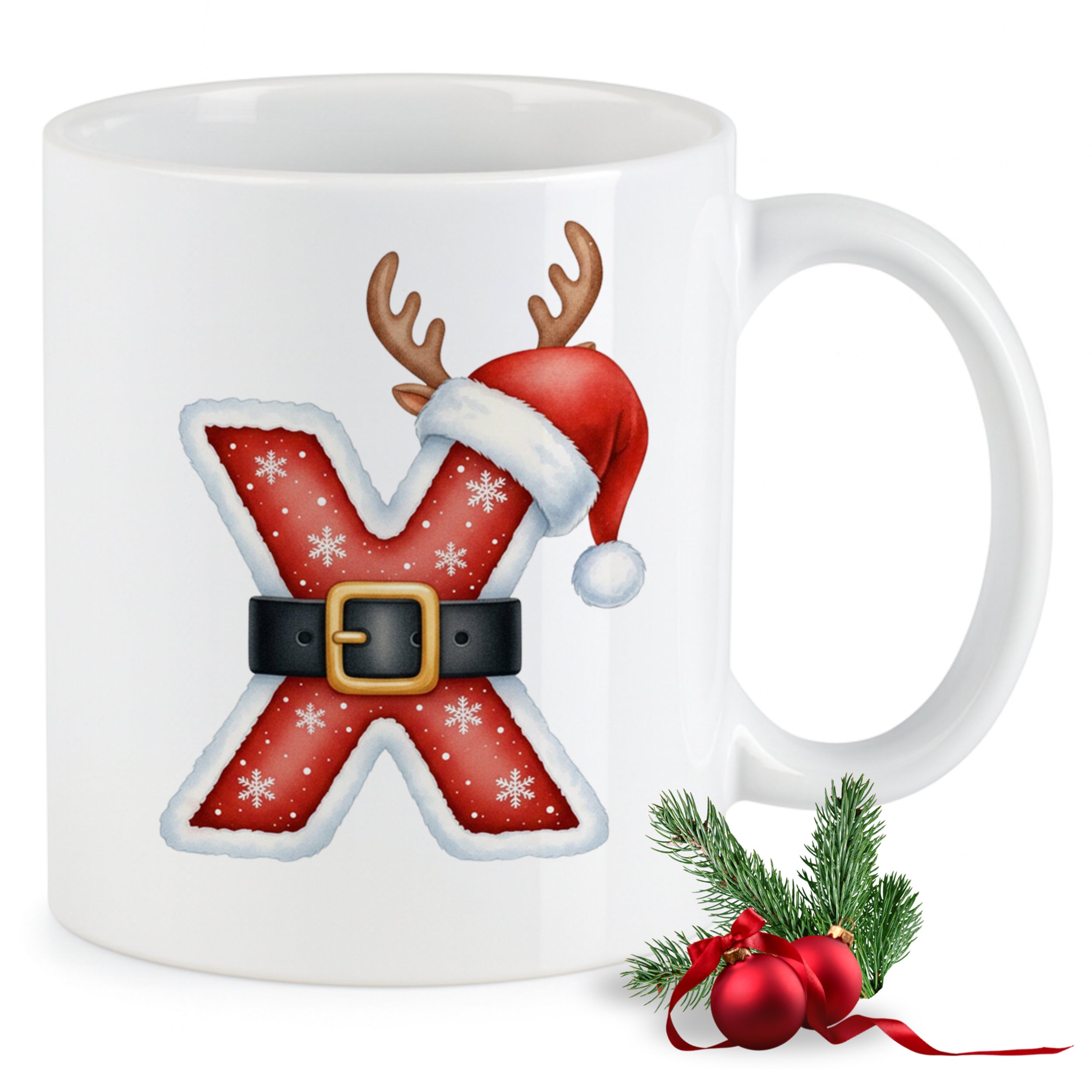 Weißer Weihnachtsbecher mit rotem X, Rentiergeweih und Mütze.