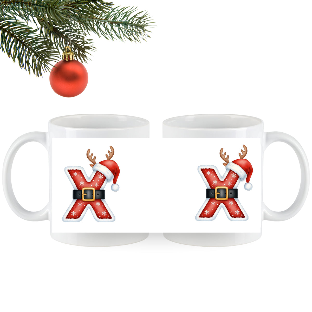 Weiße Tassen mit roten Weihnachtsmotiven und Rentier-Design.
