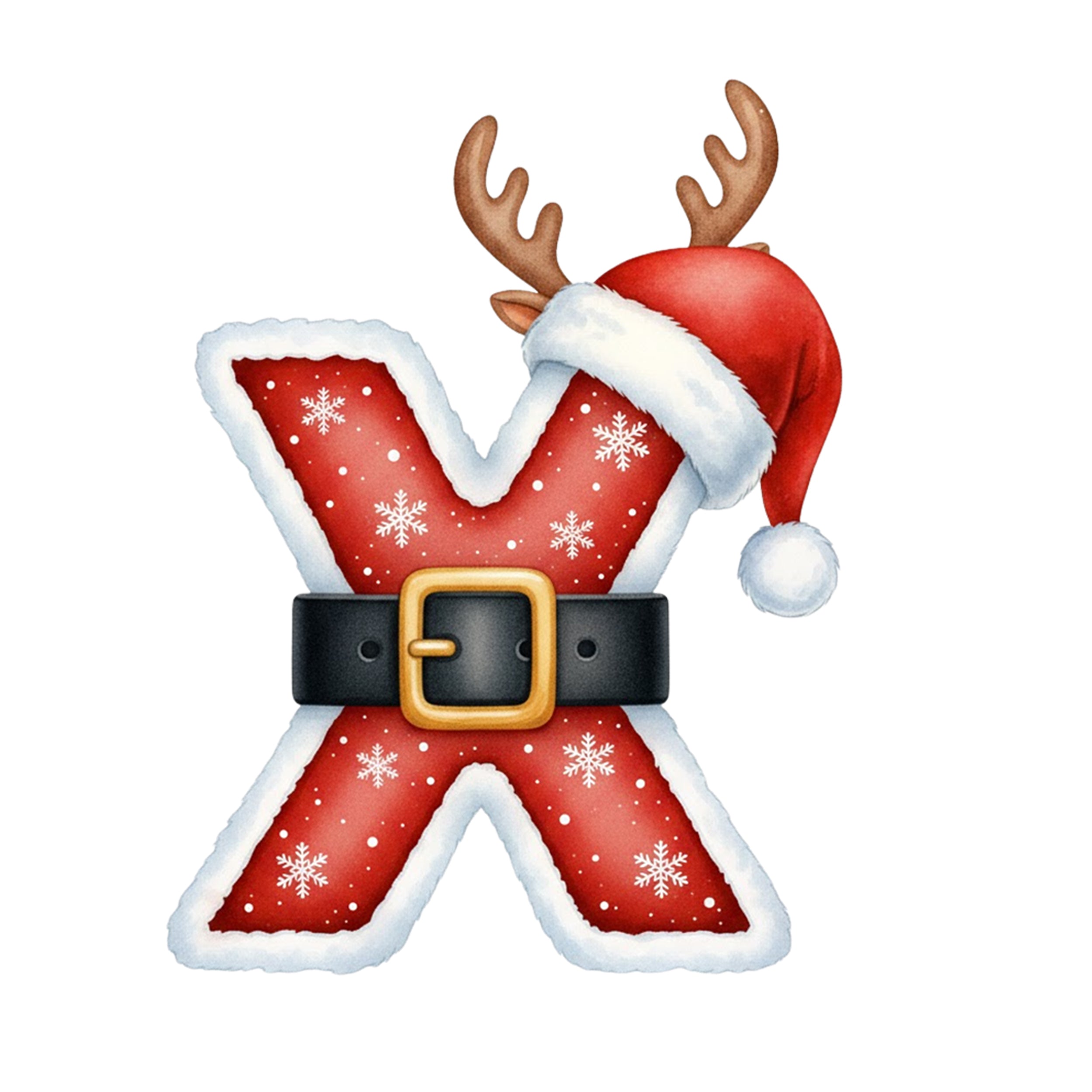 Rotes Weihnachts-X mit Schneeflocken, Weihnachtsmannmütze und Geweihen.