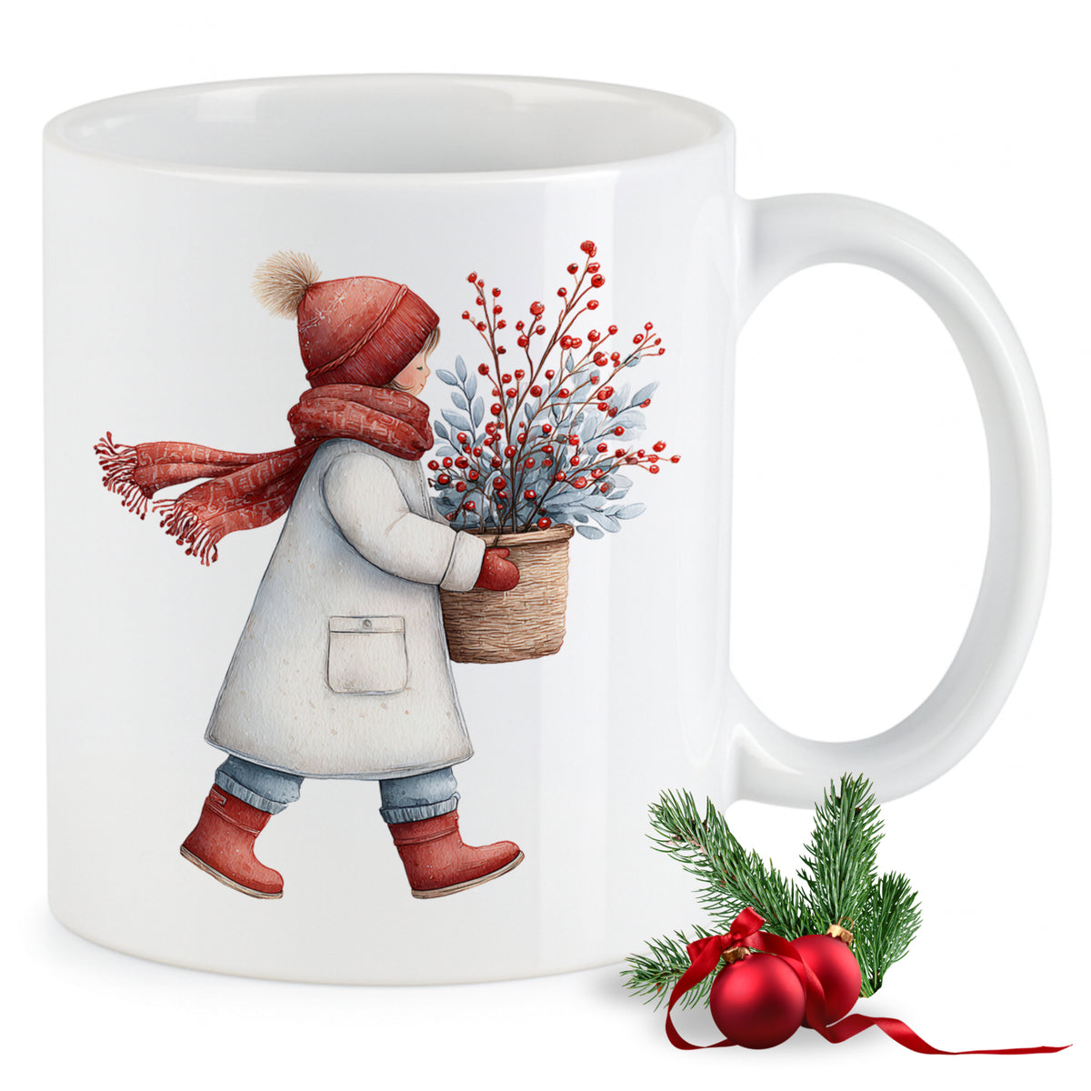 Weiße Tasse mit winterlichem Motiv und roten Akzenten.