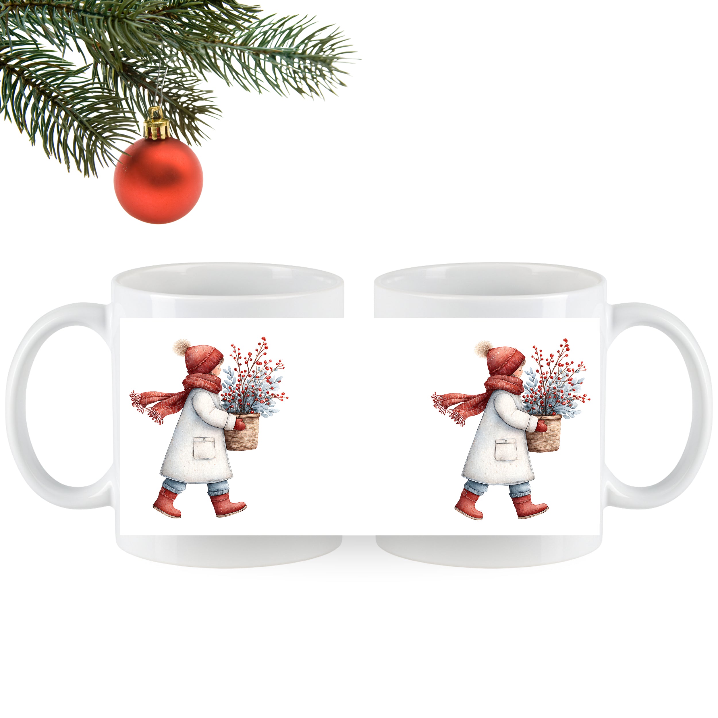 Tasse mit winterlicher Figur, rot-weißer Farbgestaltung.