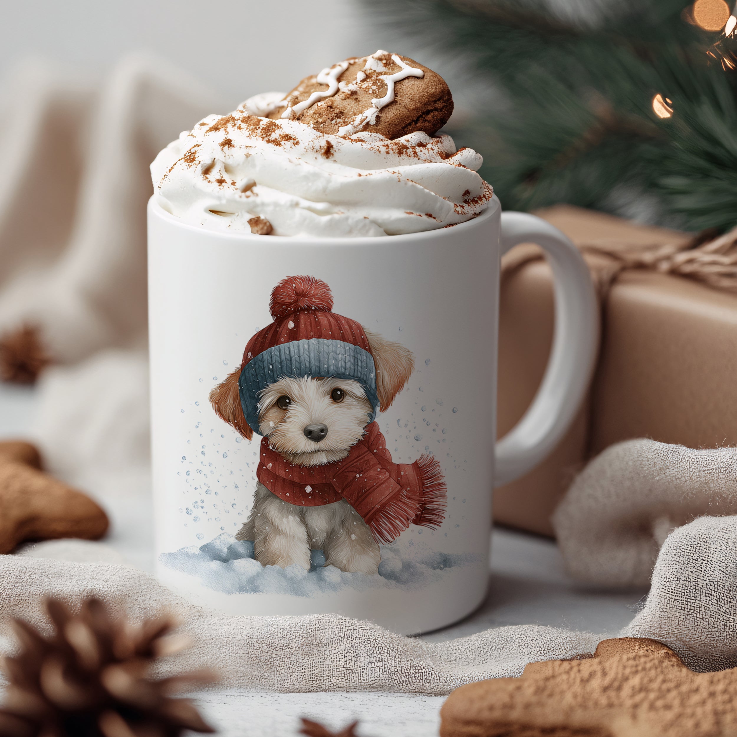 Tasse mit Hund im Winterpullover, Sahne und Lebkuchen.
