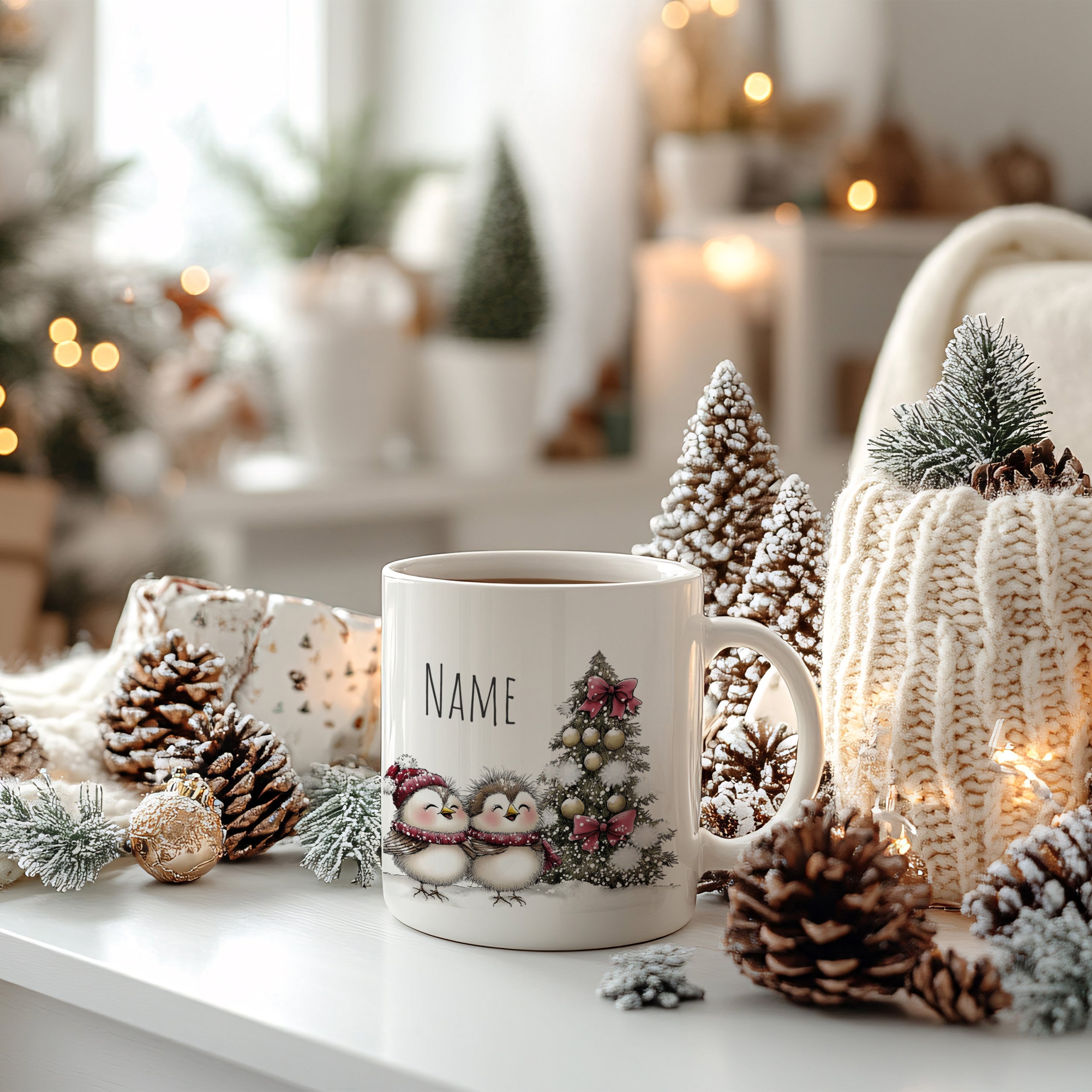 Weißer Becher mit zwei Pinguinen und Weihnachtsbaum.