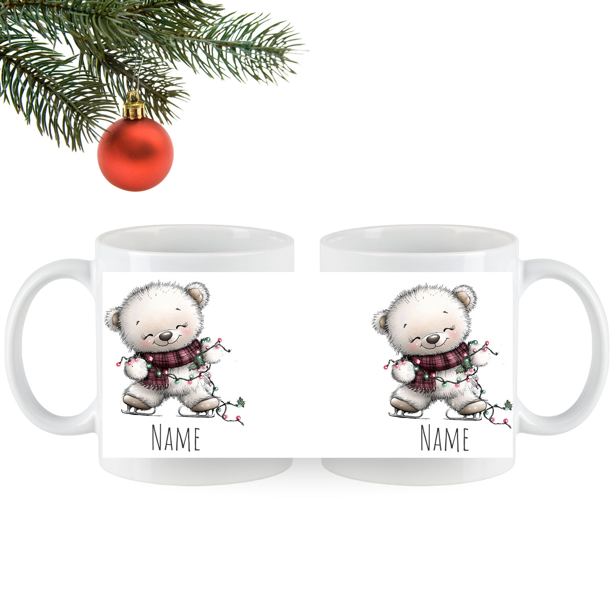 Weißer Becher mit niedlichem Bärenmotiv und Namen.