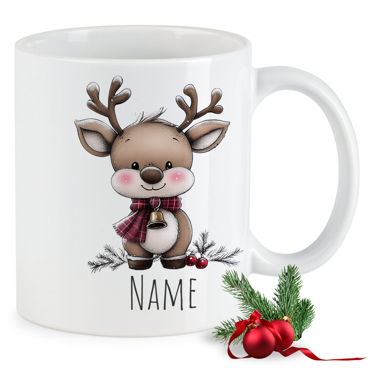 Weißer Becher mit niedlichem Rentier und personalisierbarem Namen.