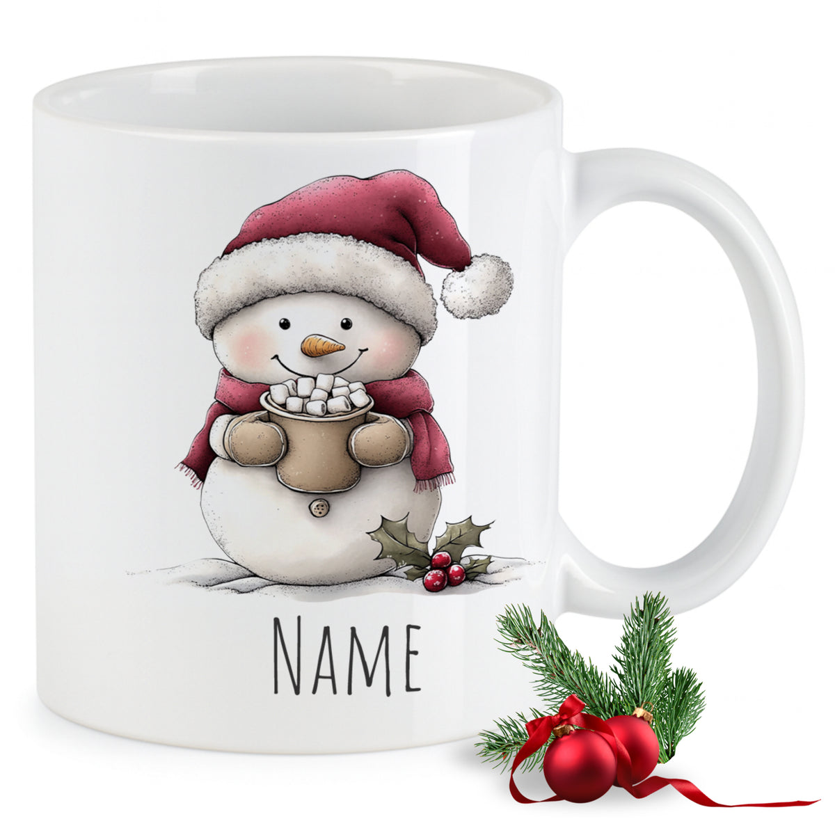 Weißer Becher mit Schneemann, rotem Hut und personalisierbarem Namen.