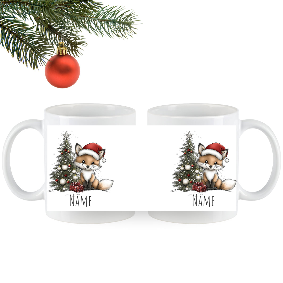 Weiße Tasse mit Weihnachtsfuchs und Tannenbaum.